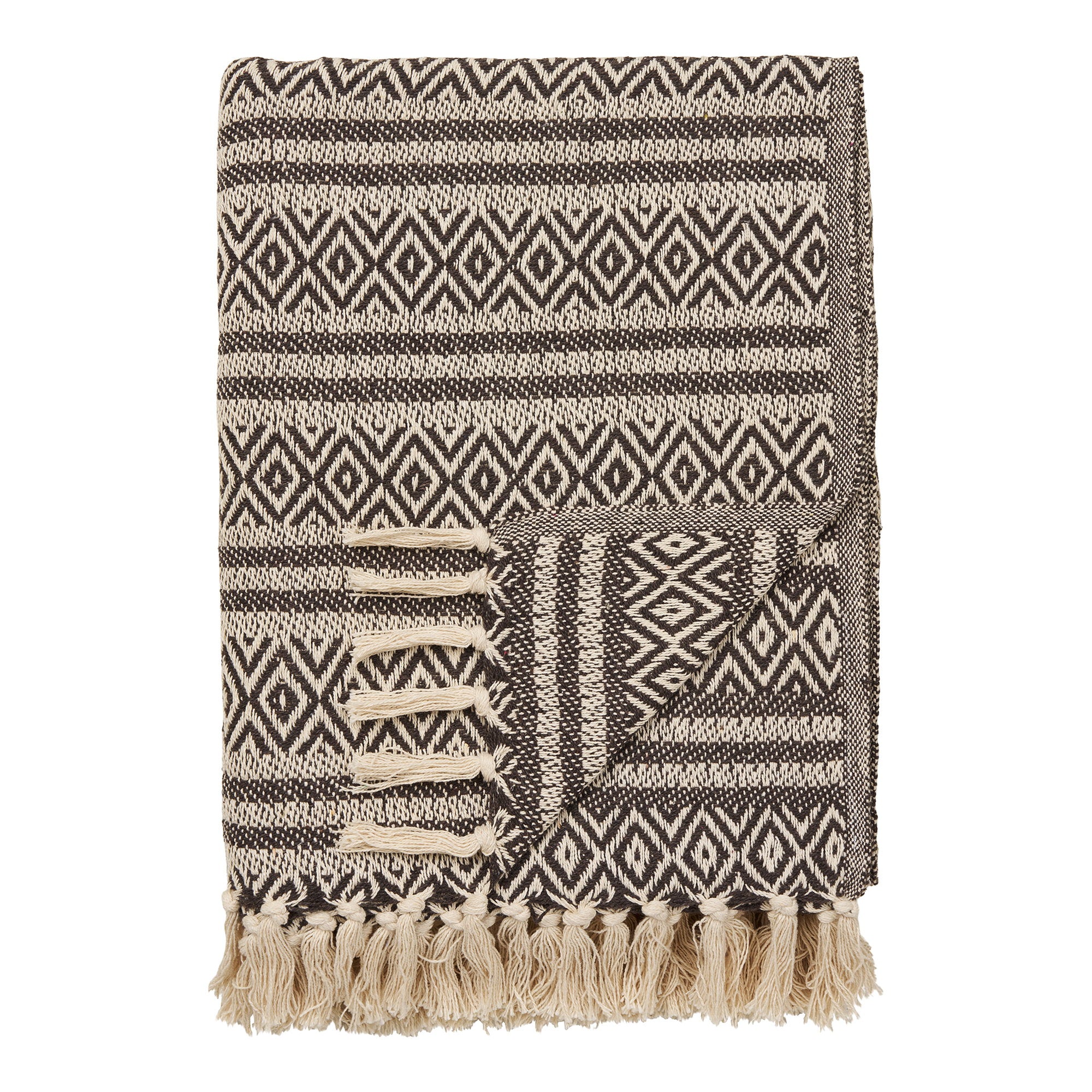Plaid Adana coton recyclé brun motif aztèque géométrique franges écru 130x180 cm
