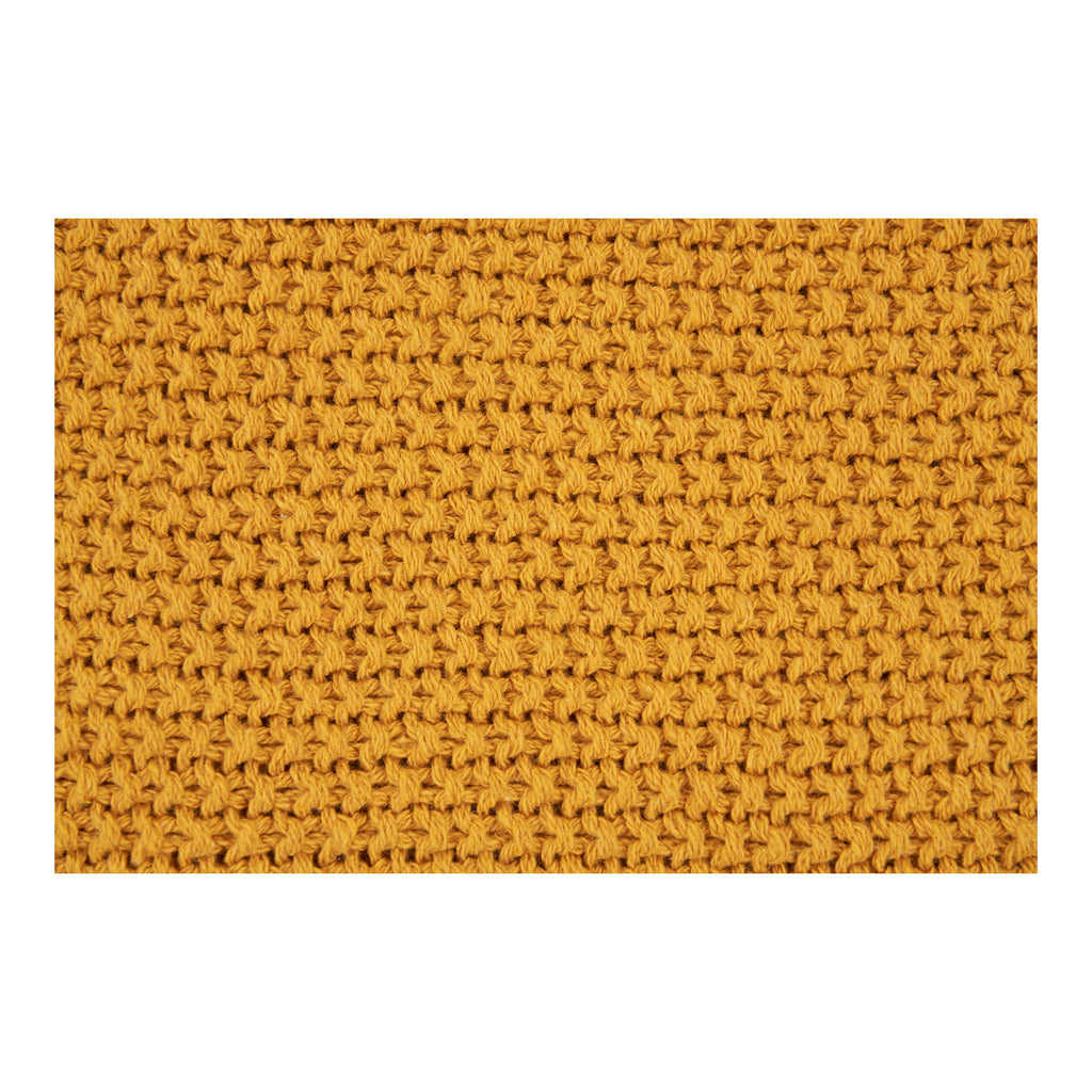 Détail maille tricot mousse plaid Santos coton recyclé ocre moutarde dense régulier