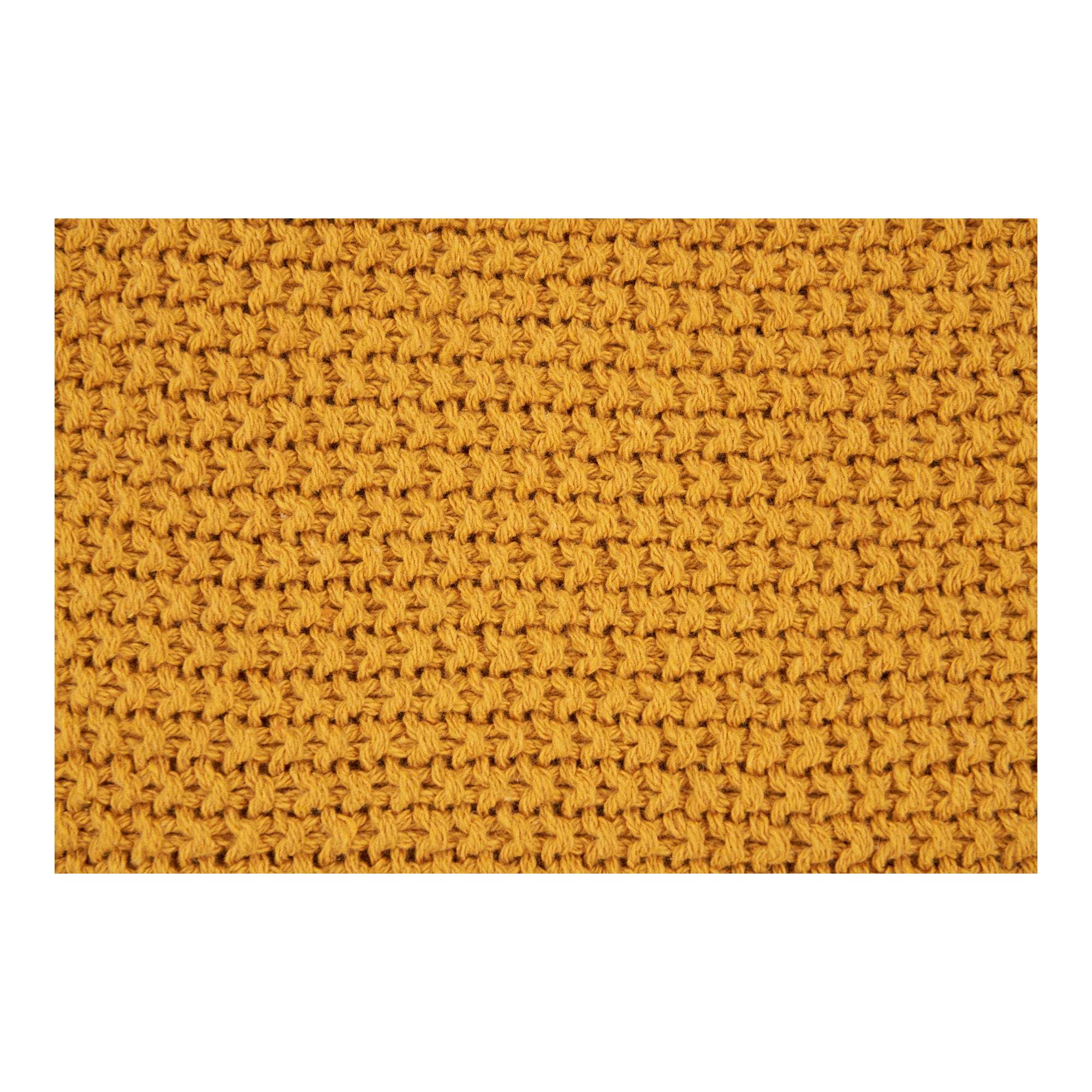 Détail maille tricot mousse plaid Santos coton recyclé ocre moutarde dense régulier