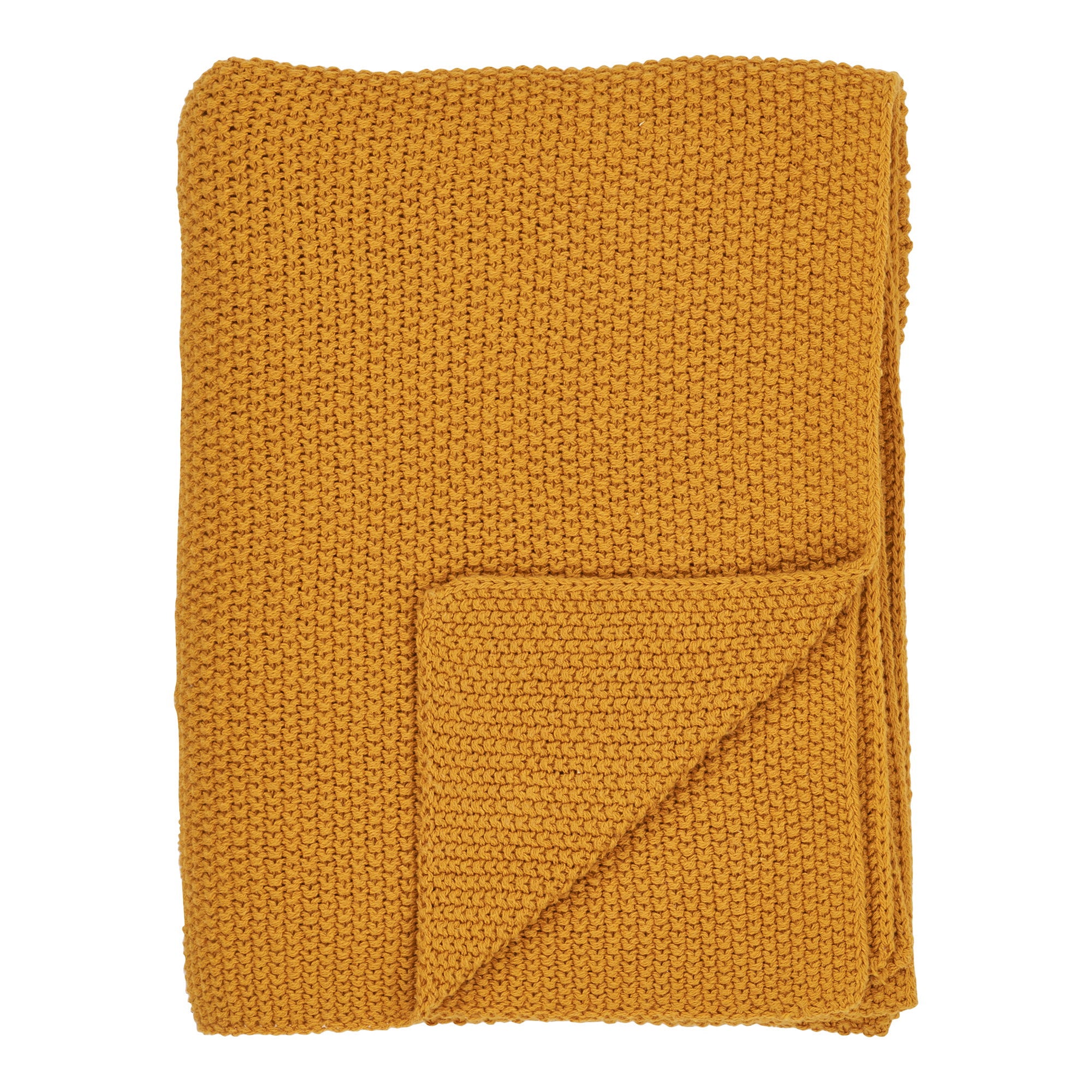 Plaid Santos coton recyclé ocre moutarde tricot mousse 130x170 cm vue de face plié