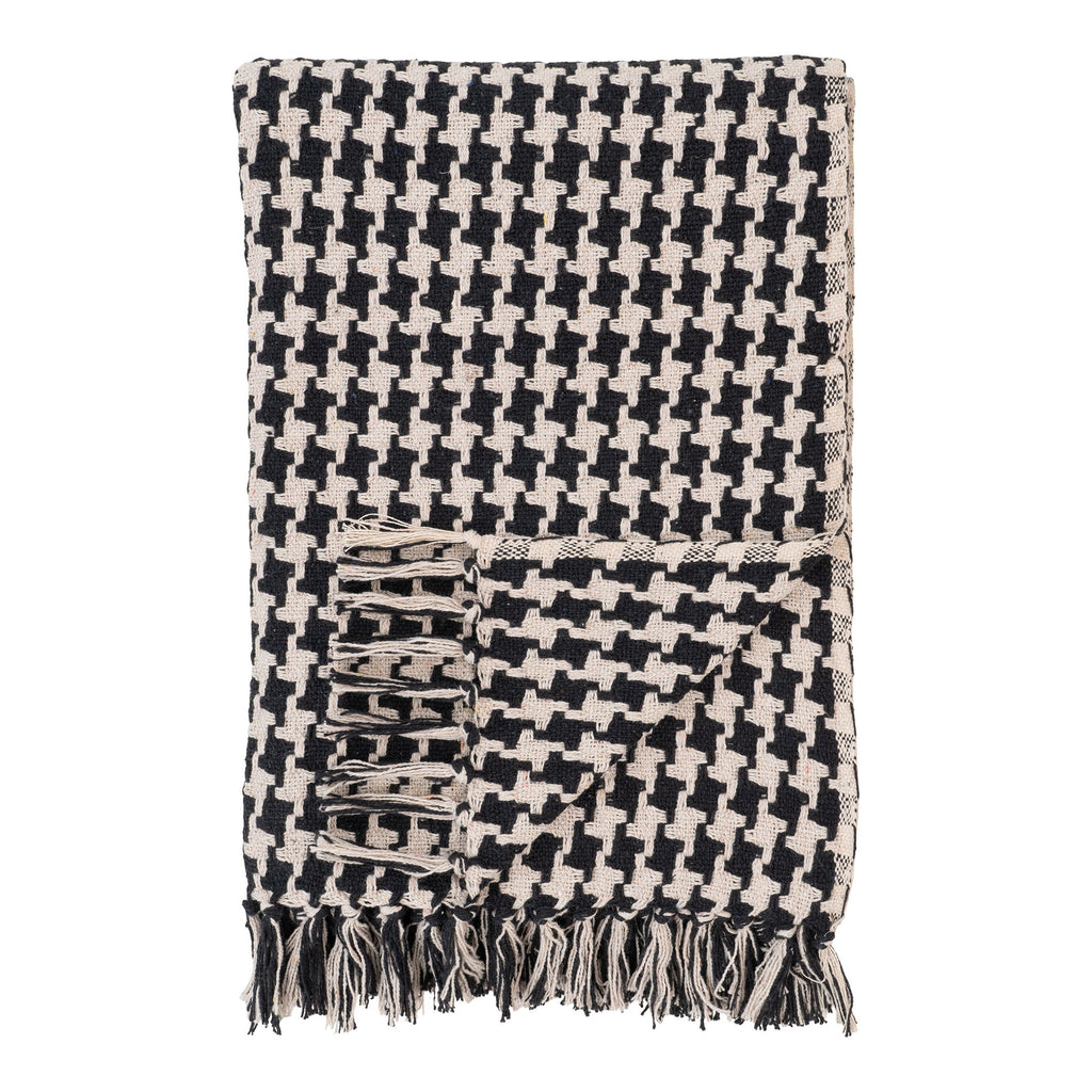 Plaid Side coton recyclé pied-de-poule noir écru jacquard franges 130x180 cm vue face