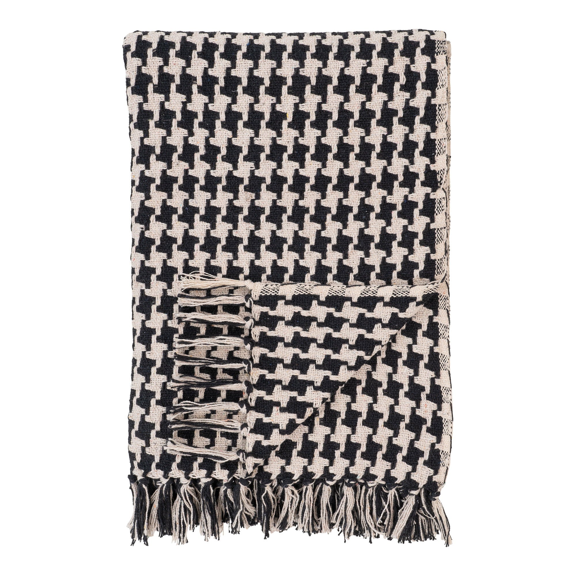 Plaid Side coton recyclé pied-de-poule noir écru jacquard franges 130x180 cm vue face