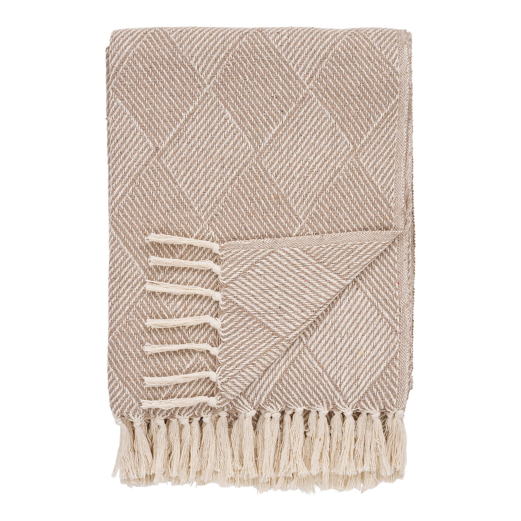Plaid Bursa coton recyclé taupe motif chevrons croisés jacquard franges écru 130x180 cm