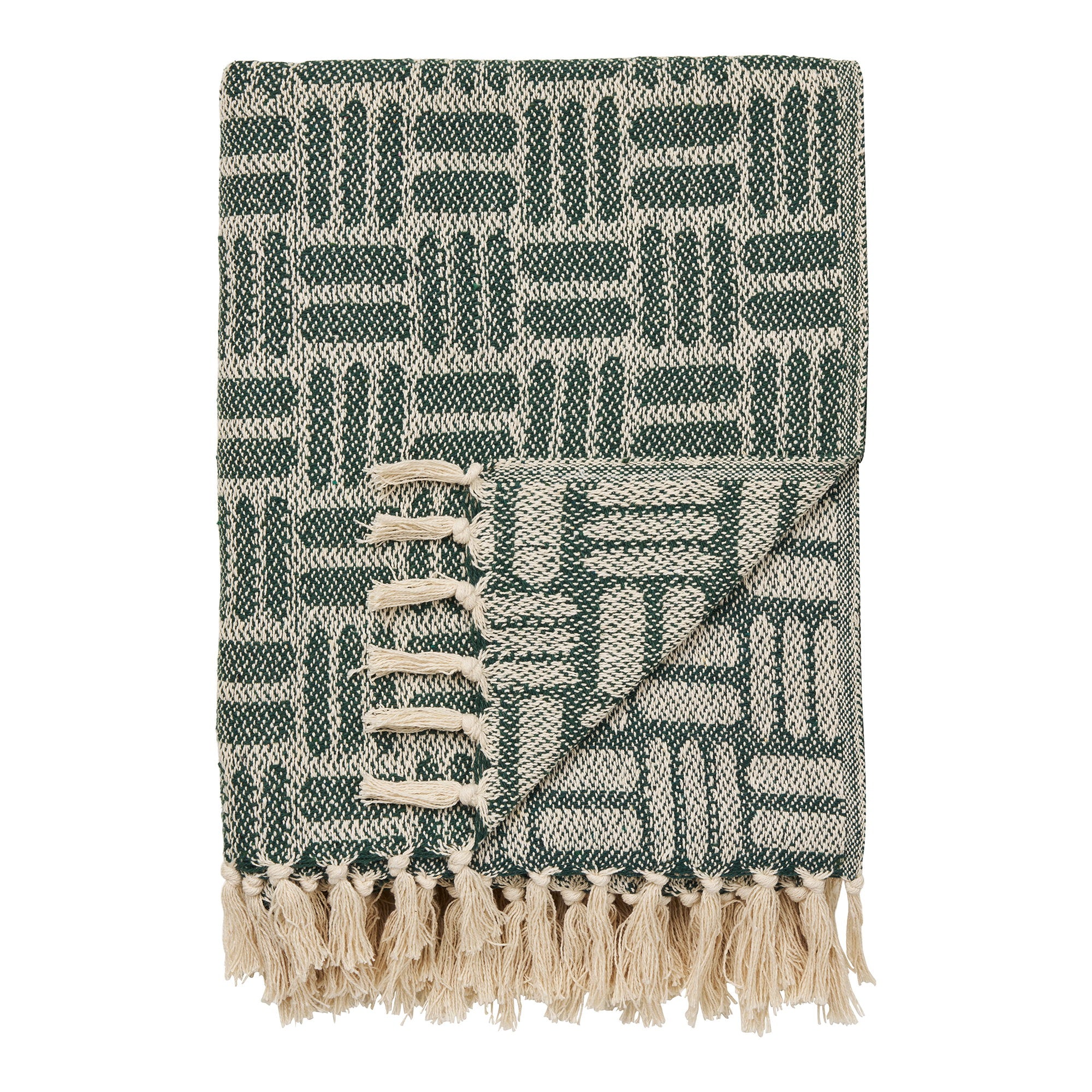 Plaid Adana coton recyclé vert forêt motif géométrique jacquard franges écru 130x180 cm