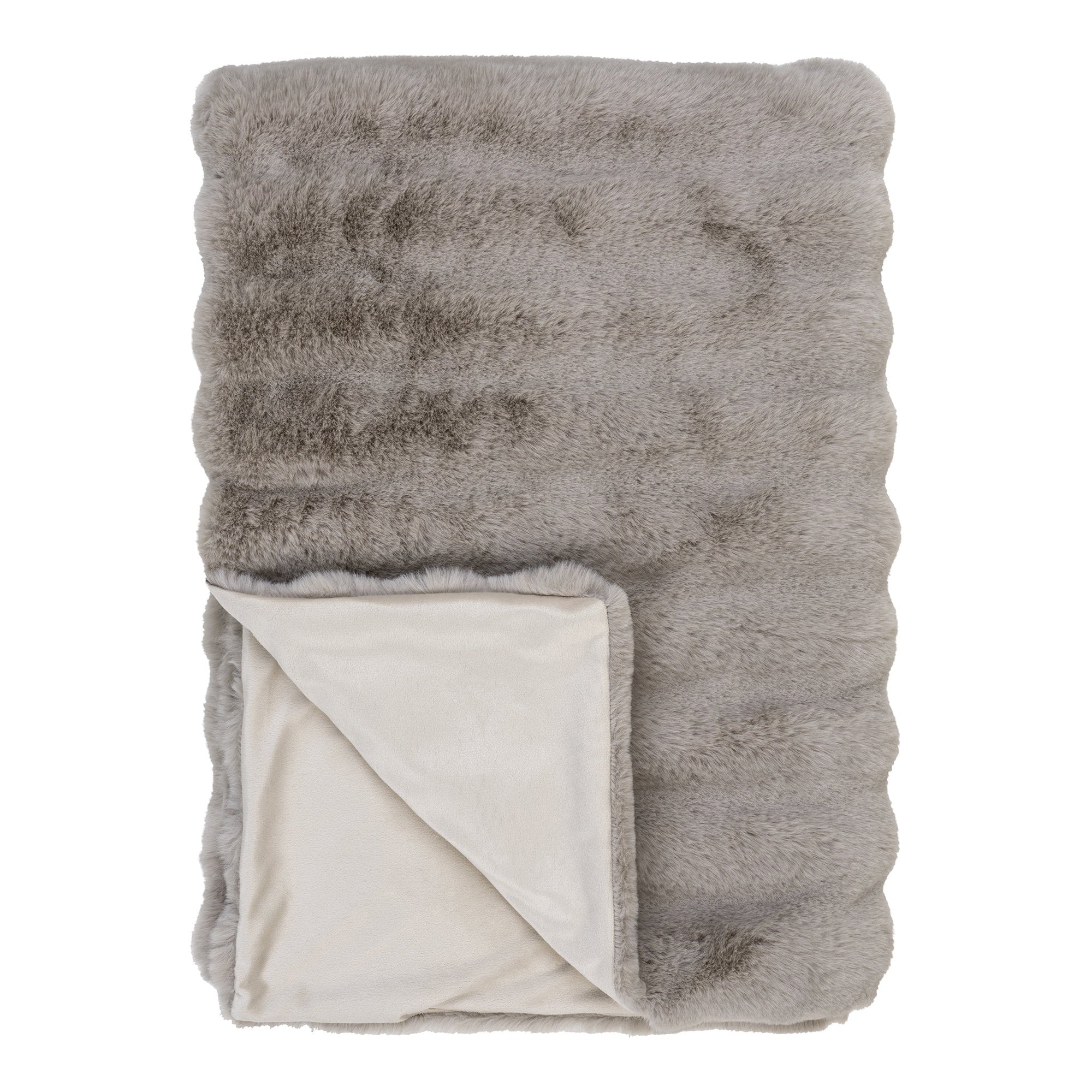 Plaid Galena fausse fourrure gris taupe chiné dos velours blanc 130x180 cm vue face