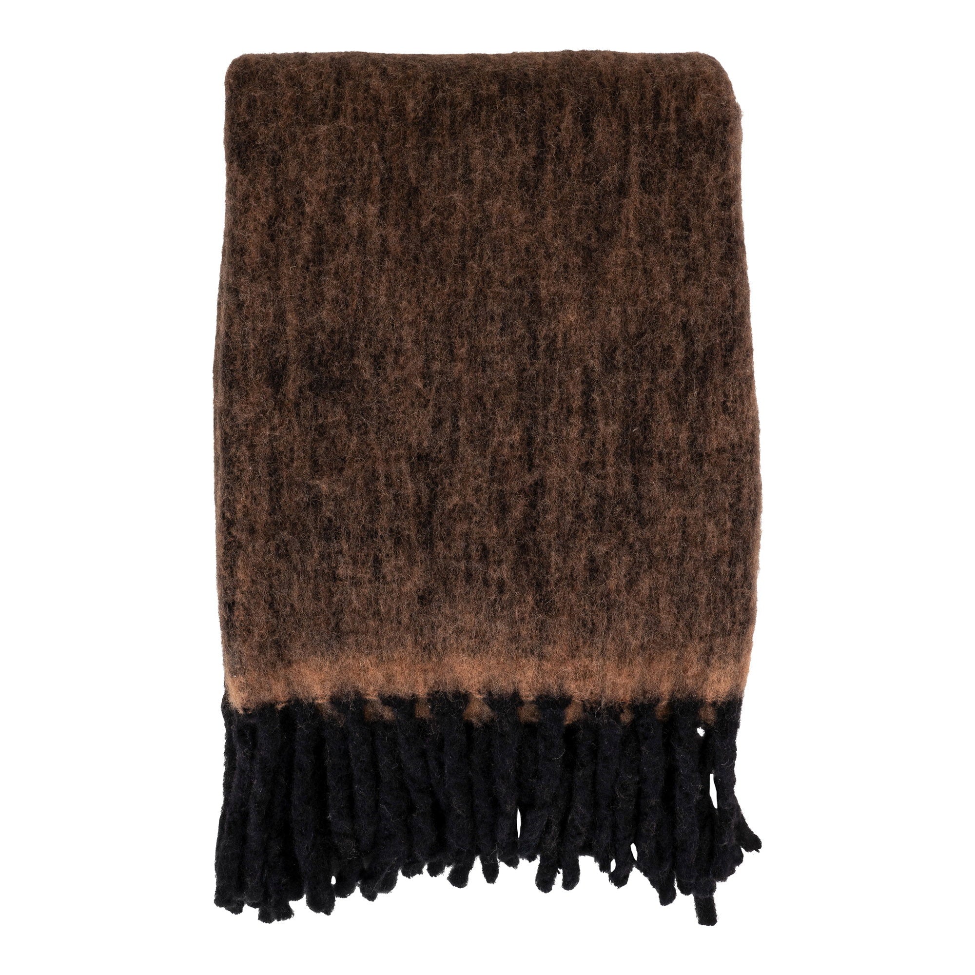 Plaid Carmel laine polyester brun tabac chiné franges noires 130x170 cm vue de face