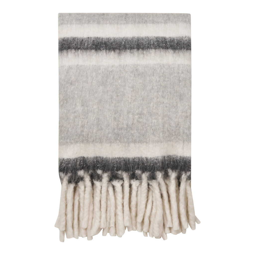 Plaid Carmel laine polyester gris blanc rayures horizontales franges écru 130x170 cm