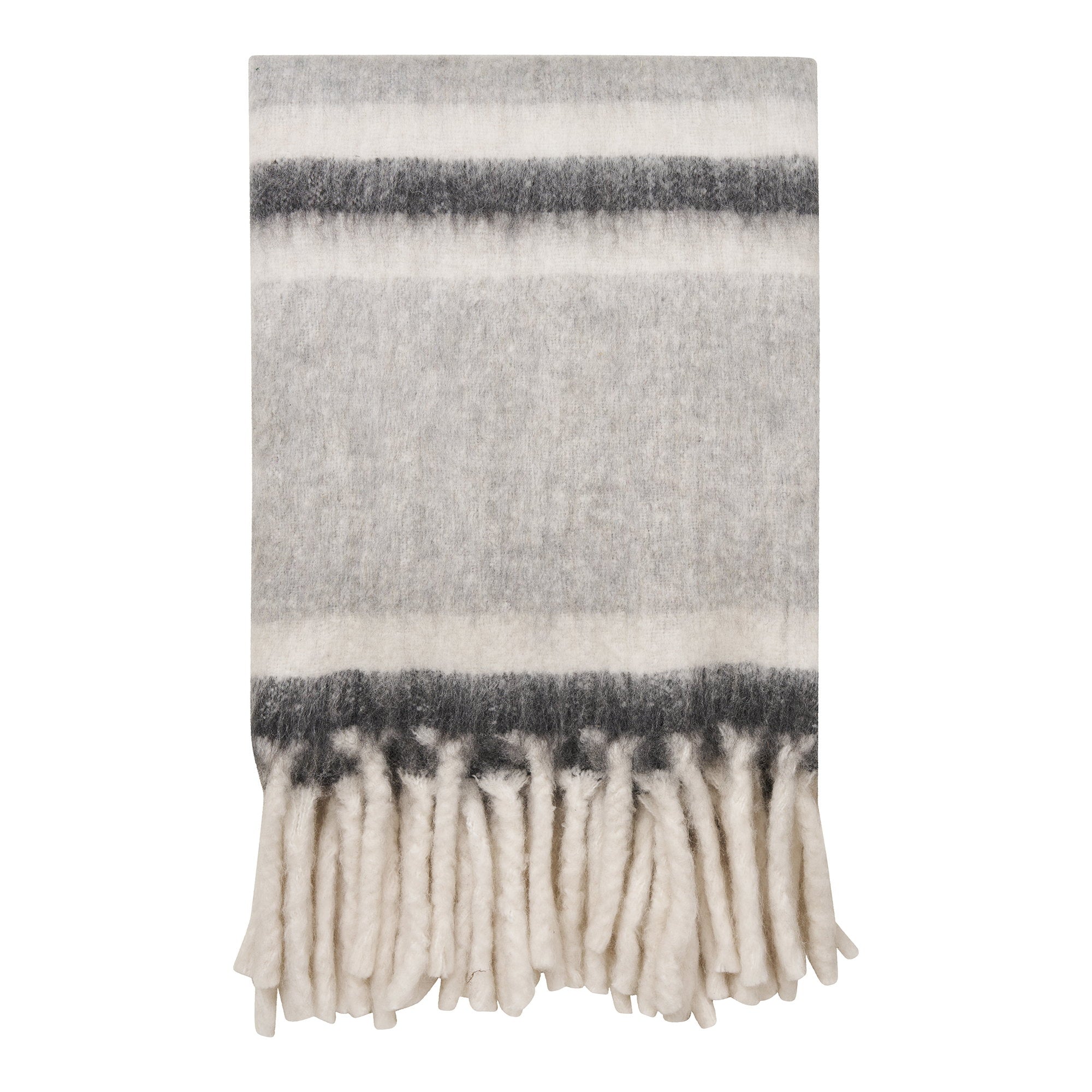 Plaid Carmel laine polyester gris blanc rayures horizontales franges écru 130x170 cm