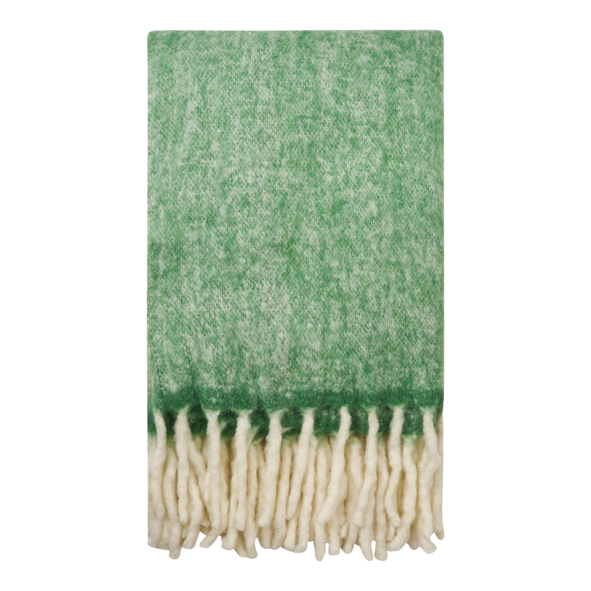 Plaid Carmel laine polyester vert prairie chiné franges écru 130x170 cm vue face