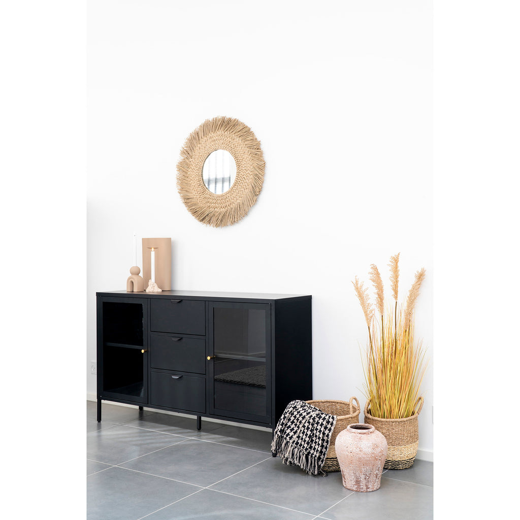 Plaid Side pied-de-poule replié buffet métal noir décor bohème naturel paniers osier
