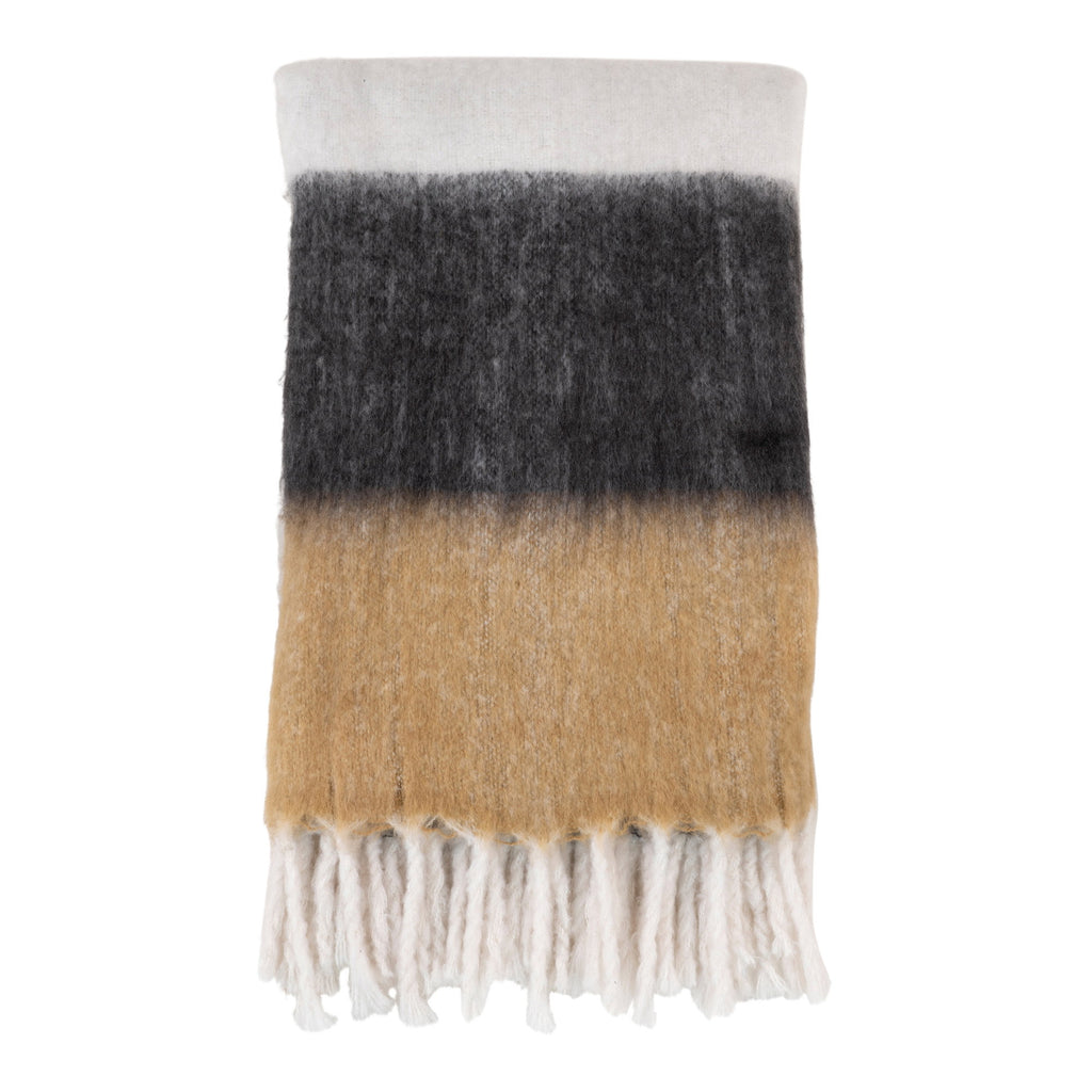 Plaid Sintra 130x170 cm laine polyester rayures noir blanc camel frange ivoire vue pliée