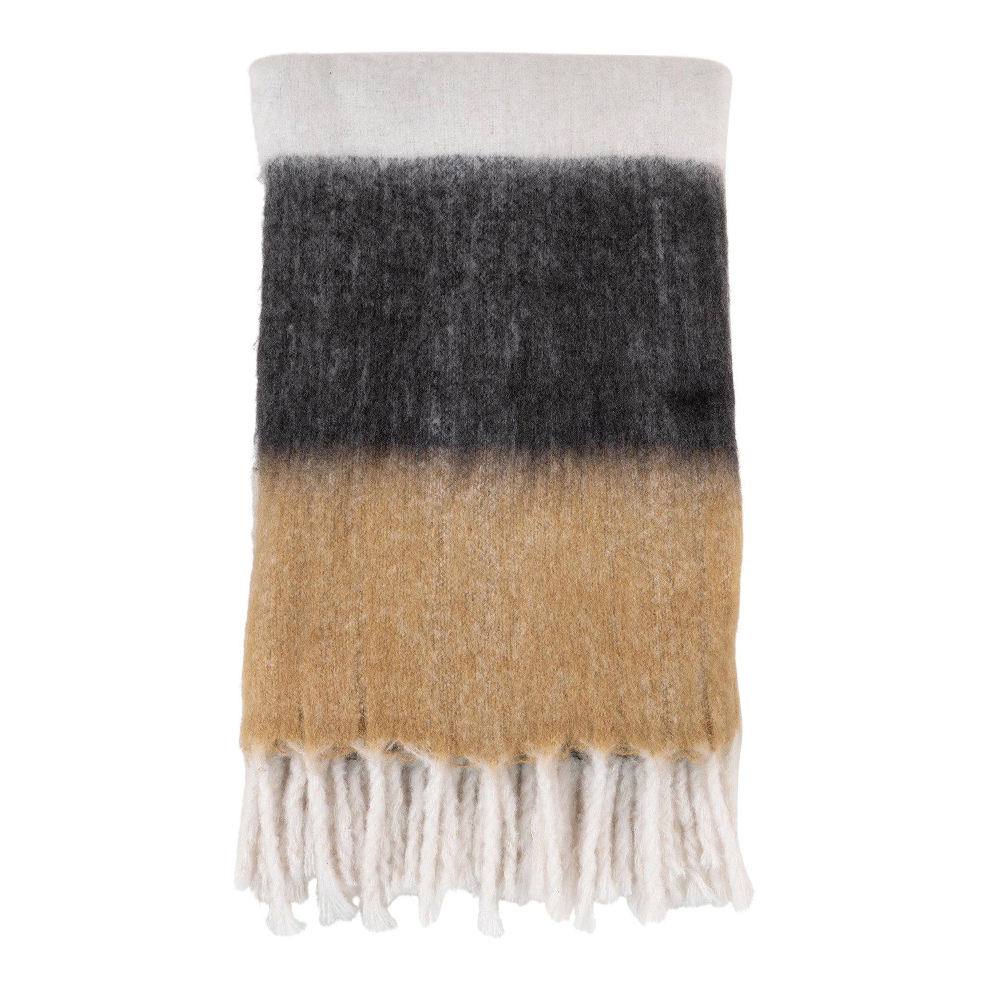 Plaid Sintra 130x170 cm laine polyester rayures noir blanc camel frange ivoire vue pliée