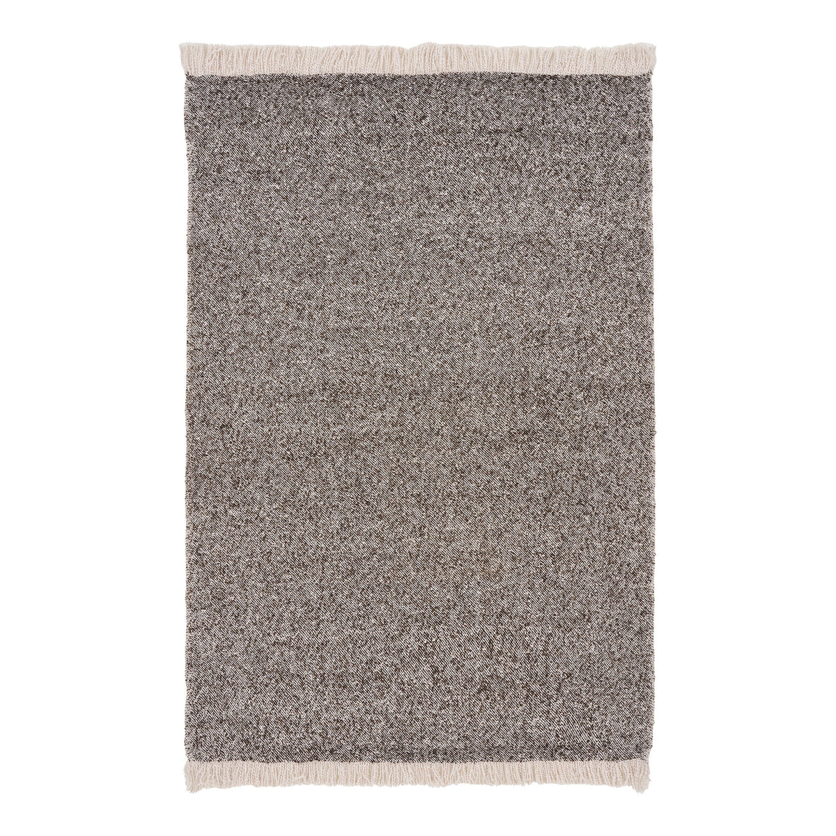 Plaid Sira chiné brun et beige déplié à plat avec ses franges écrues aux deux extrémités