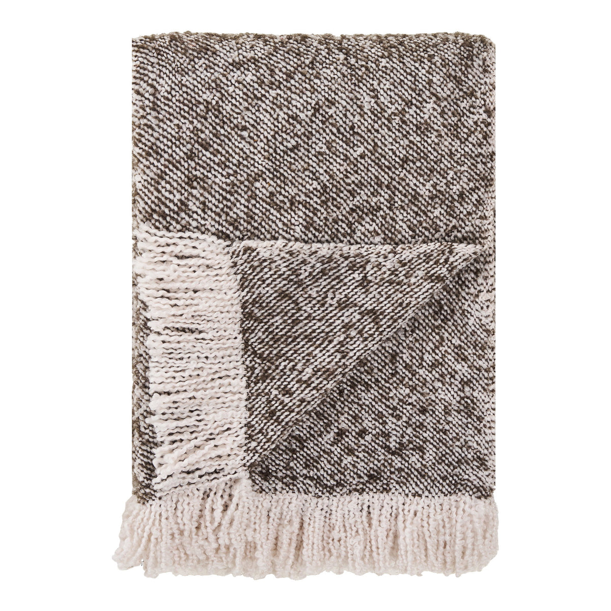 Plaid Sira chiné brun et beige plié avec ses franges écrues sur fond blanc