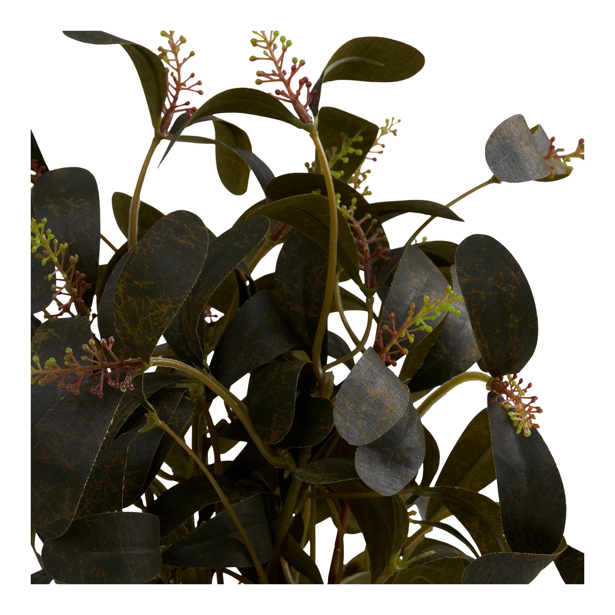 Détail feuilles rondes vert foncé anthracite et petites fleurs rose brique plante artificielle eucalyptus