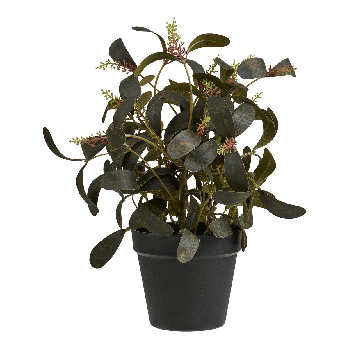 Plante artificielle eucalyptus vert foncé aux feuilles patinées et petits épis rose brique dans son pot noir