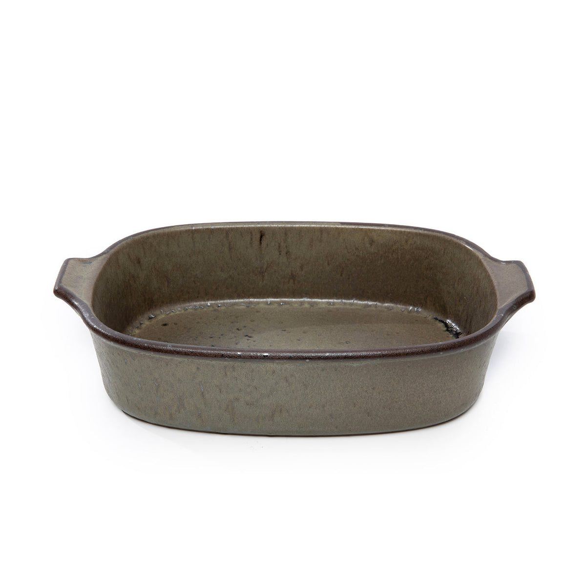 Plat à four Comporta 29 x 19 cm en grès craquelé vert grisé à liseré brun et deux oreilles