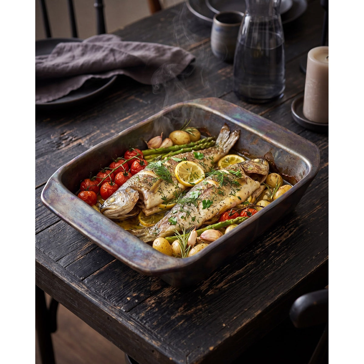 Plat à four en terre cuite noircie garni de deux poissons entiers de pommes de terre et de tomates sur une table en bois sombre