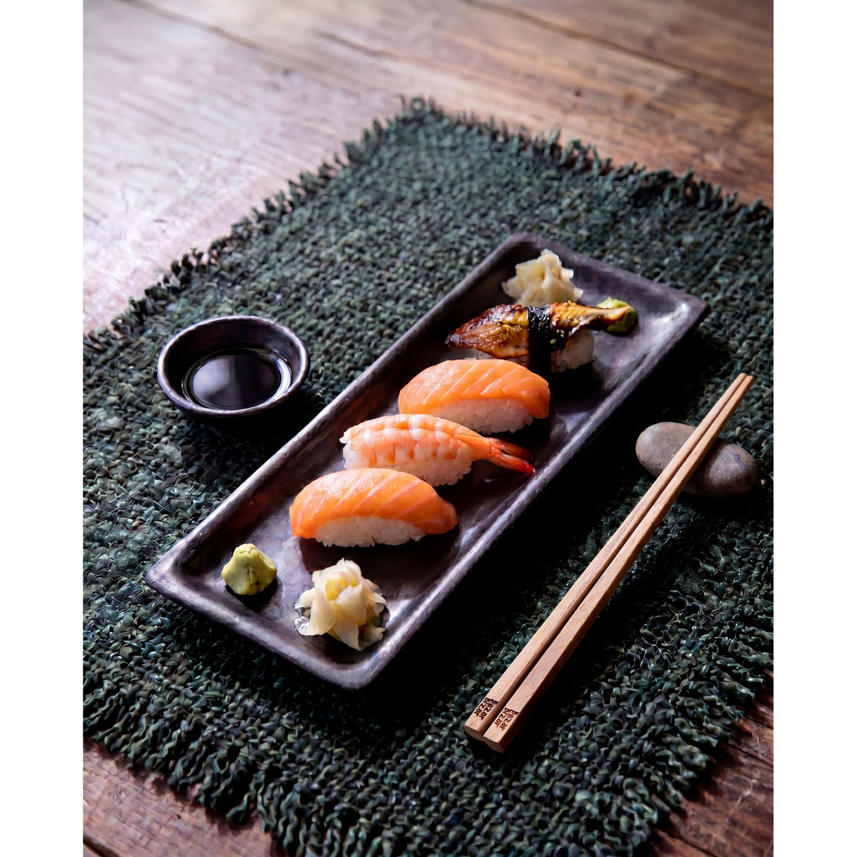 Plat à sushis 36 x 17 cm garni de quatre nigiris avec gingembre et wasabi sur un set de table vert à côté d'une coupelle de sauce soja
