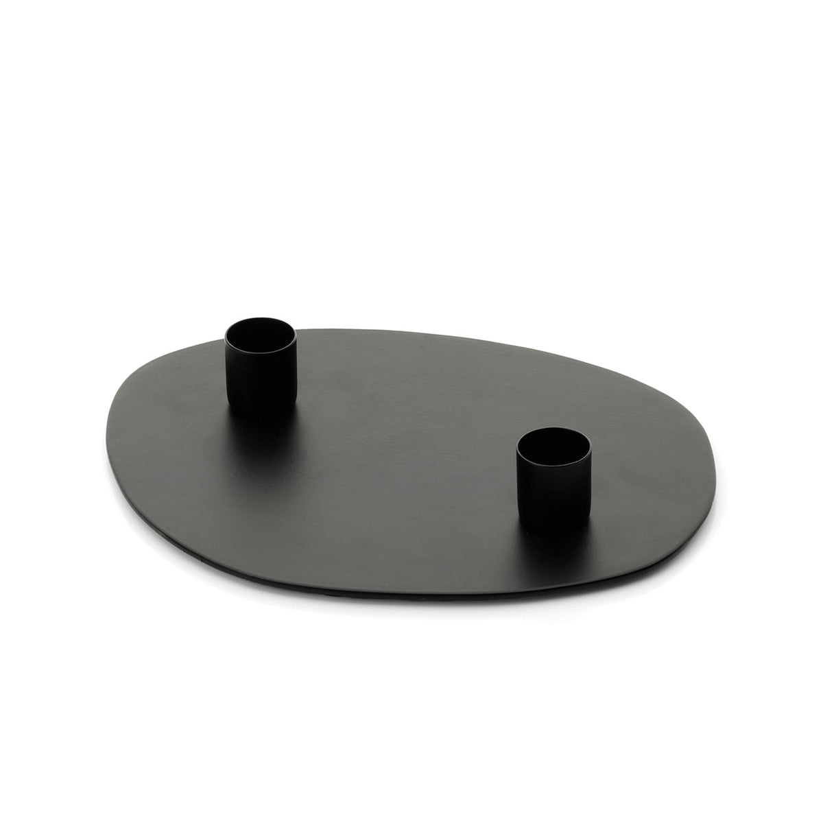 Plateau bougeoir ovale Métal noir 20 cm à deux douilles décalées vu de trois quarts