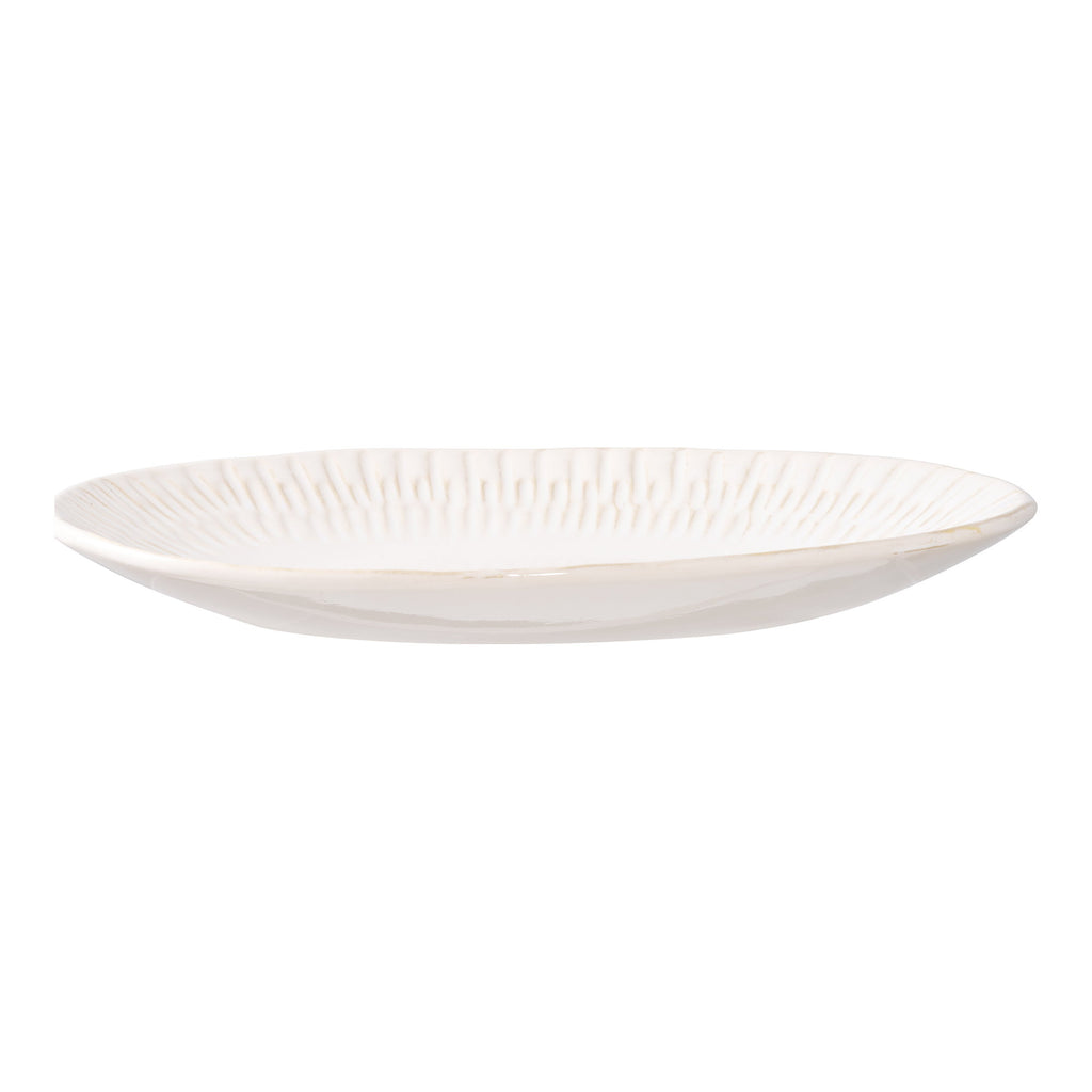 Plateau ovale céramique blanche relief rayonnant 30x20 cm vue de profil