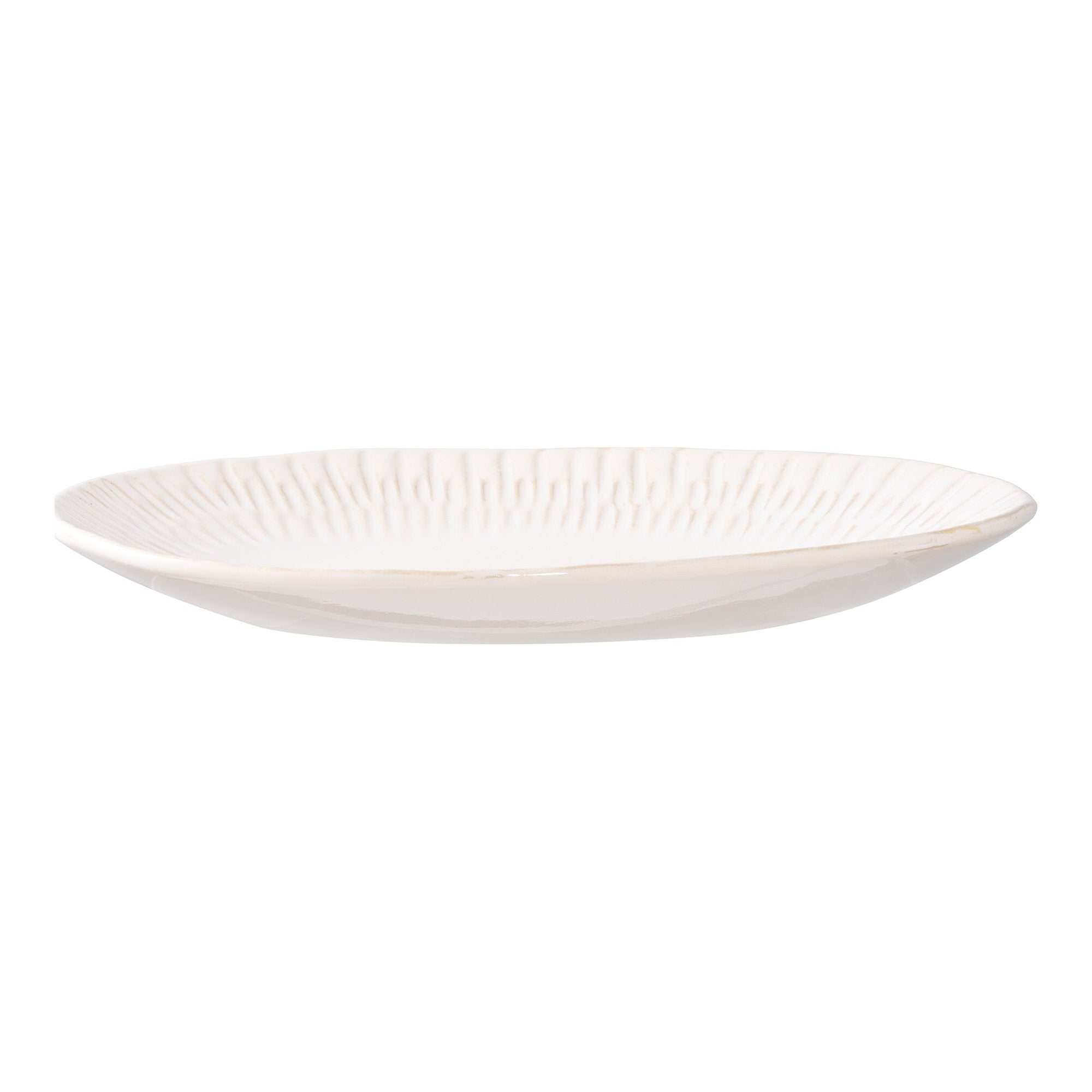 Plateau ovale céramique blanche relief rayonnant 30x20 cm vue de profil