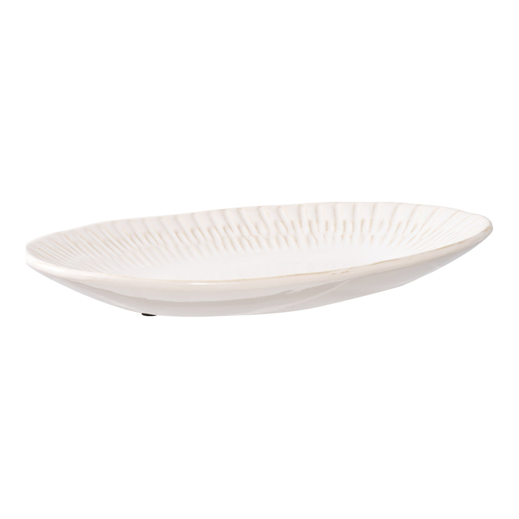 Plateau céramique blanc ivoire ovale relief soleil vue trois quarts 30,5x20 cm