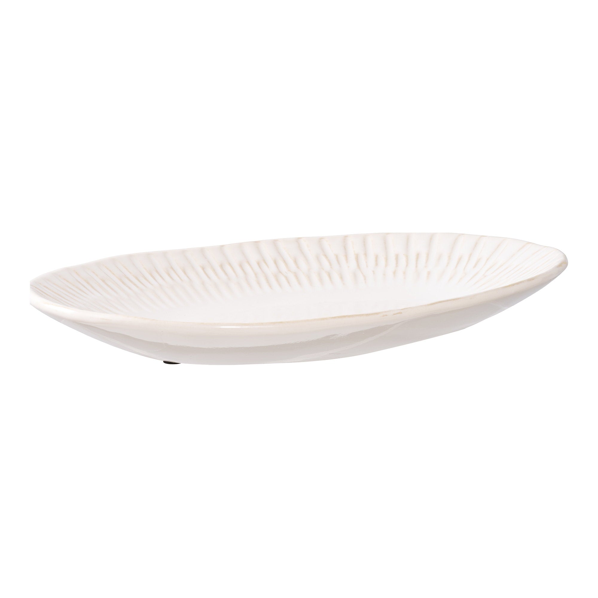 Plateau céramique blanc ivoire ovale relief soleil vue trois quarts 30,5x20 cm