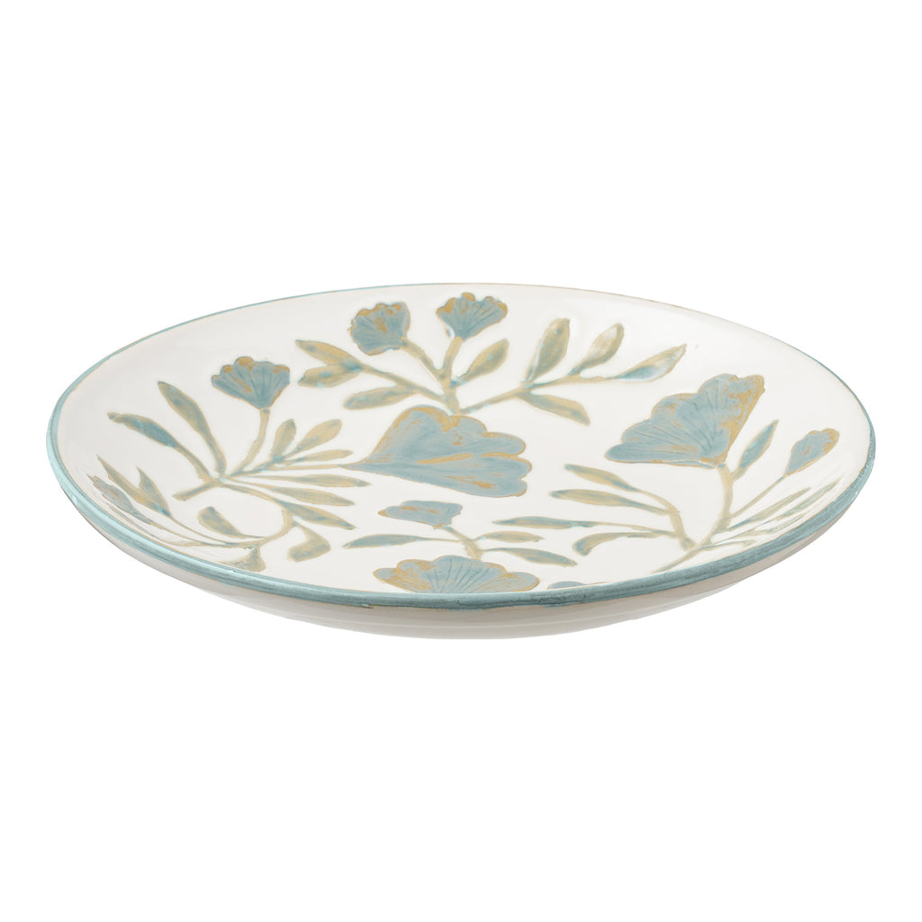 Plateau céramique décor floral peint main bleu céladon blanc ivoire Ø35,5 cm vue trois quarts