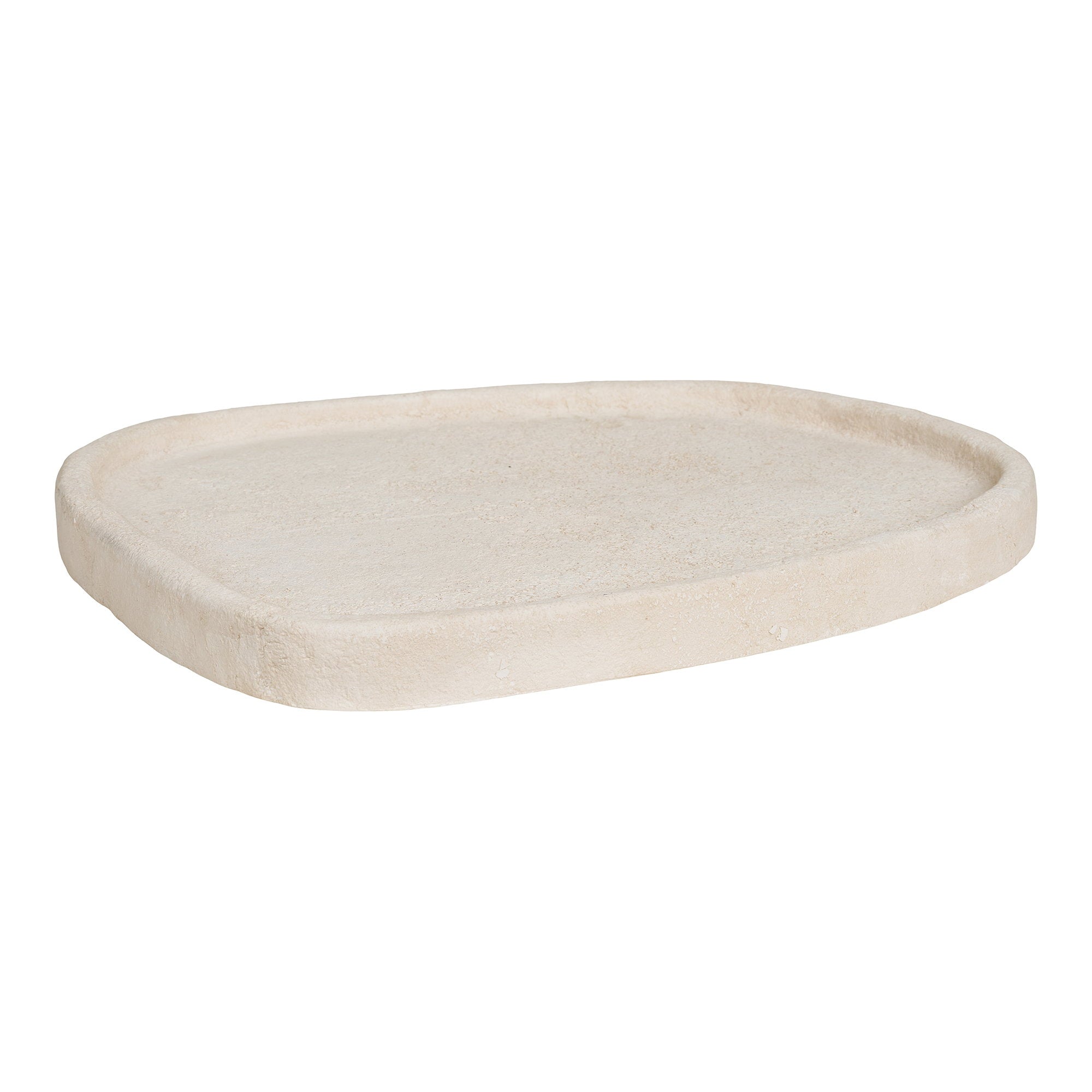 Plateau ciment beige naturel bords arrondis forme galet vue trois quarts