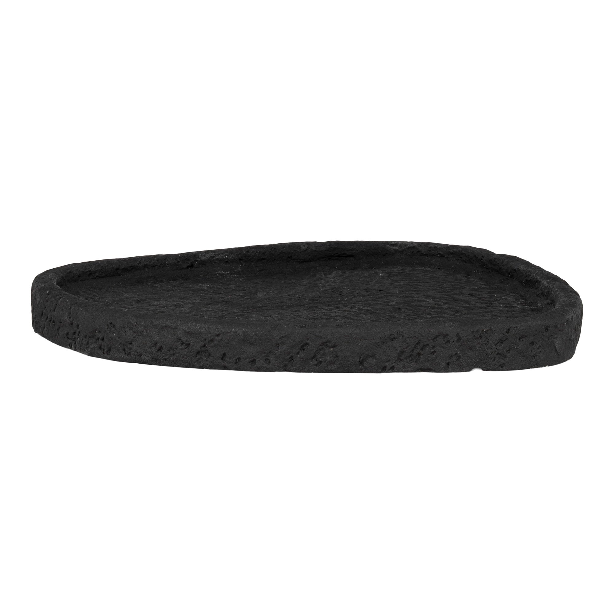 Plateau décoratif ciment noir texture brute ovale 26,5x26 cm vue de profil