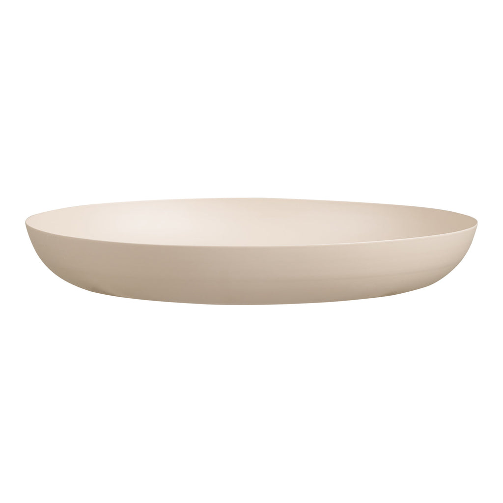 Plateau métal beige mat Ø30 cm vue profil silhouette épurée bords fins relevés