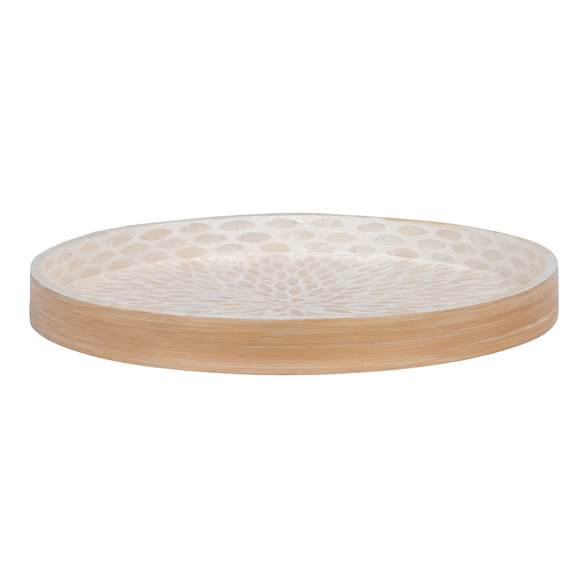 Plateau rond décoratif bambou capiz nacré beige Ø40 cm vue trois quarts