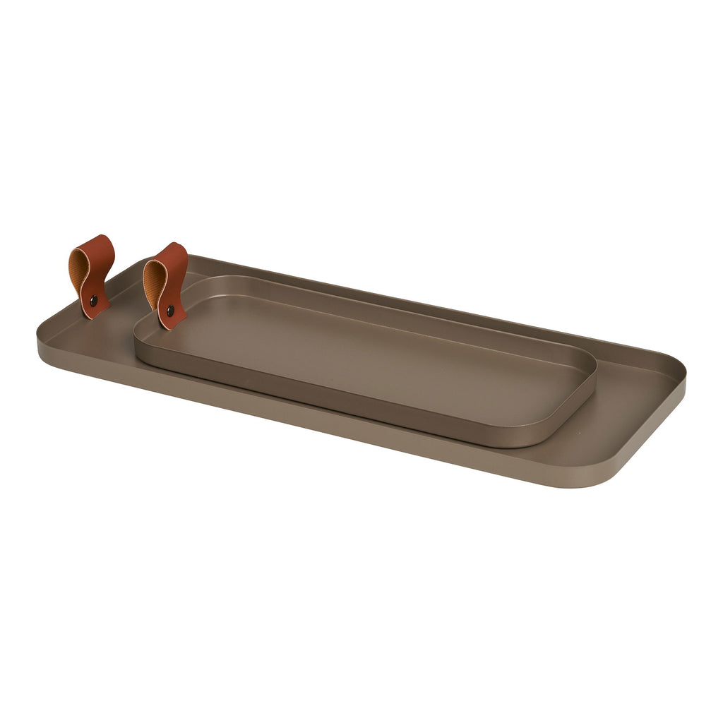 Plateaux décoratifs acier taupe superposés anses cuir cognac vue trois quarts