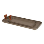 Plateaux décoratifs acier taupe superposés anses simili cuir cognac vue trois quarts