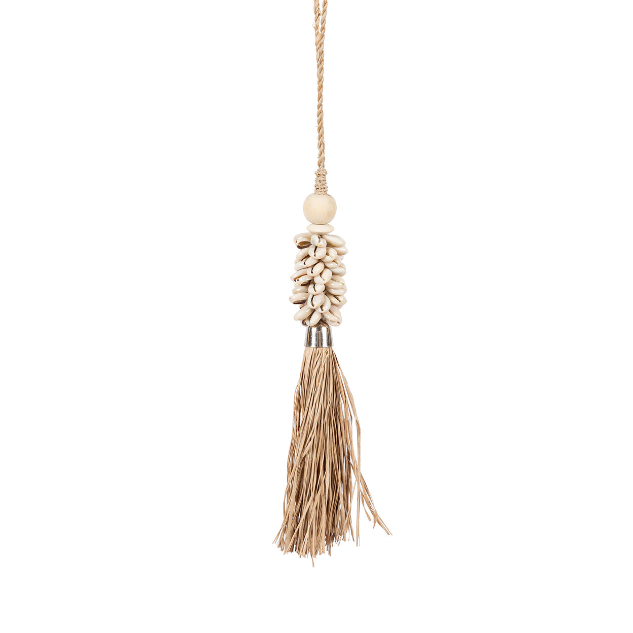 Pompon décoratif en cauris et raphia à virole métal 40 cm