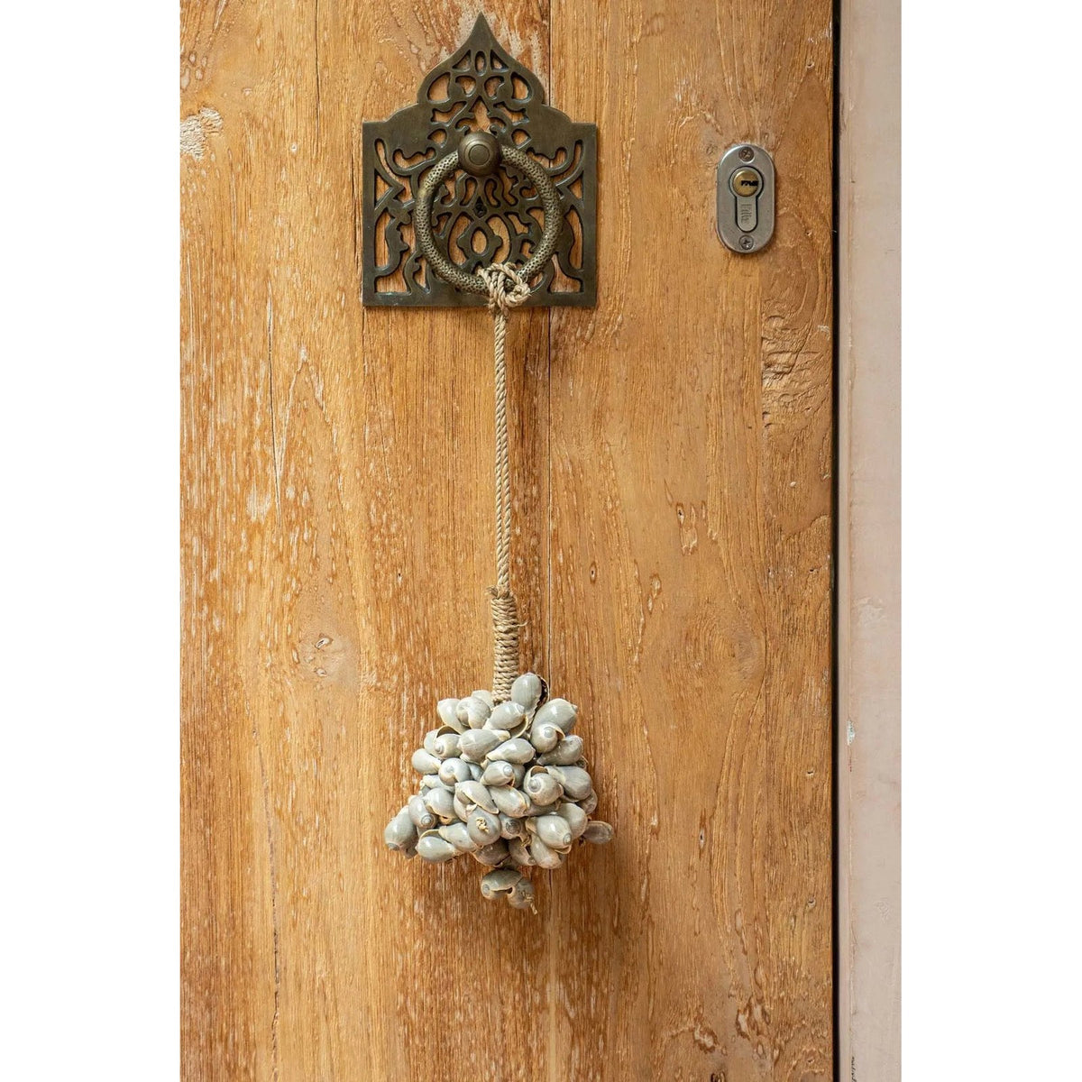 Pompon Grey Shell noué à l'anneau en métal d'une porte en bois ancienne