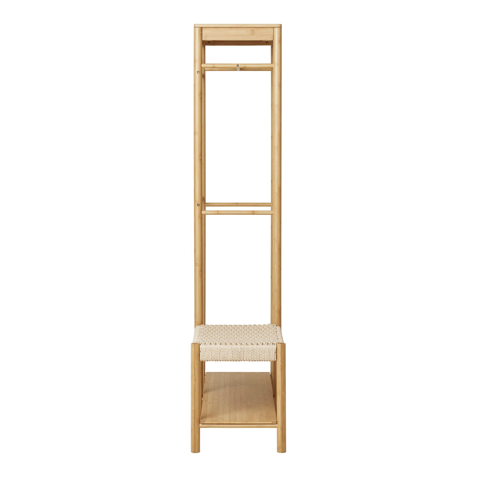 Portant vestiaire Ember bambou naturel vue de profil tringle suspension banc papier