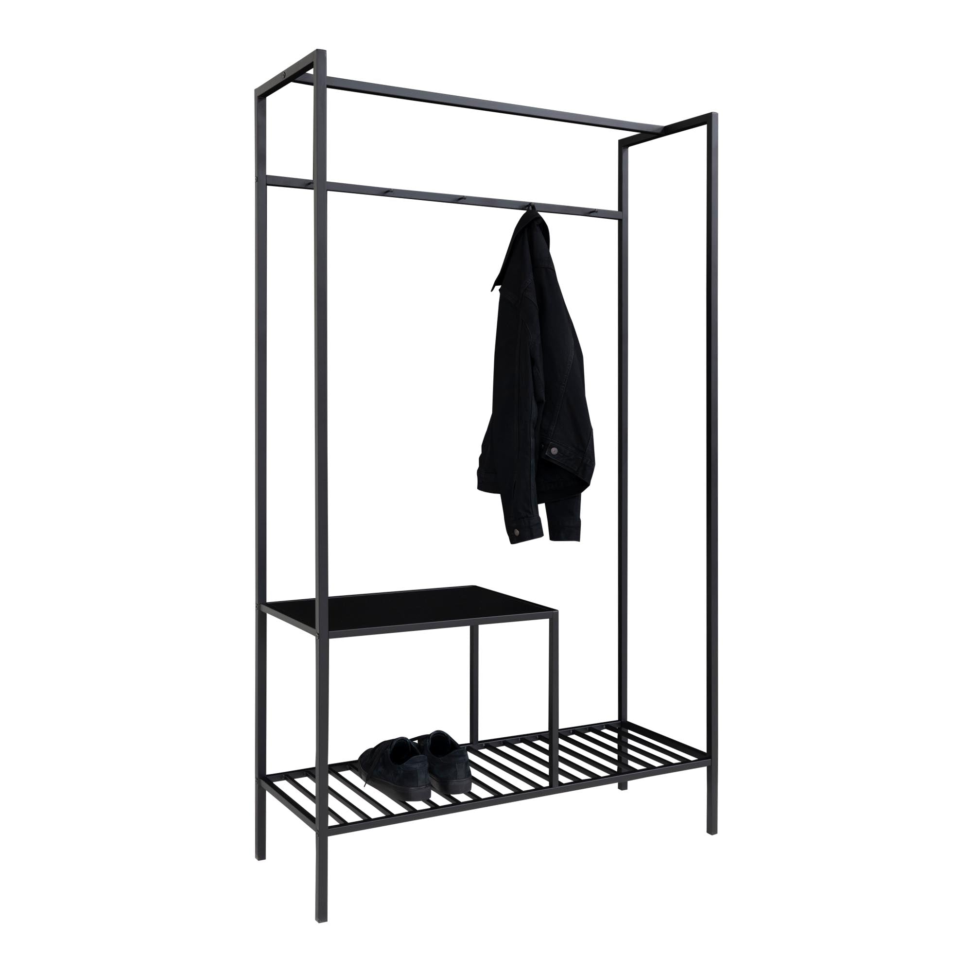 Portant vestiaire Vita noir veste suspendue chaussures grille vue trois quarts stylisté