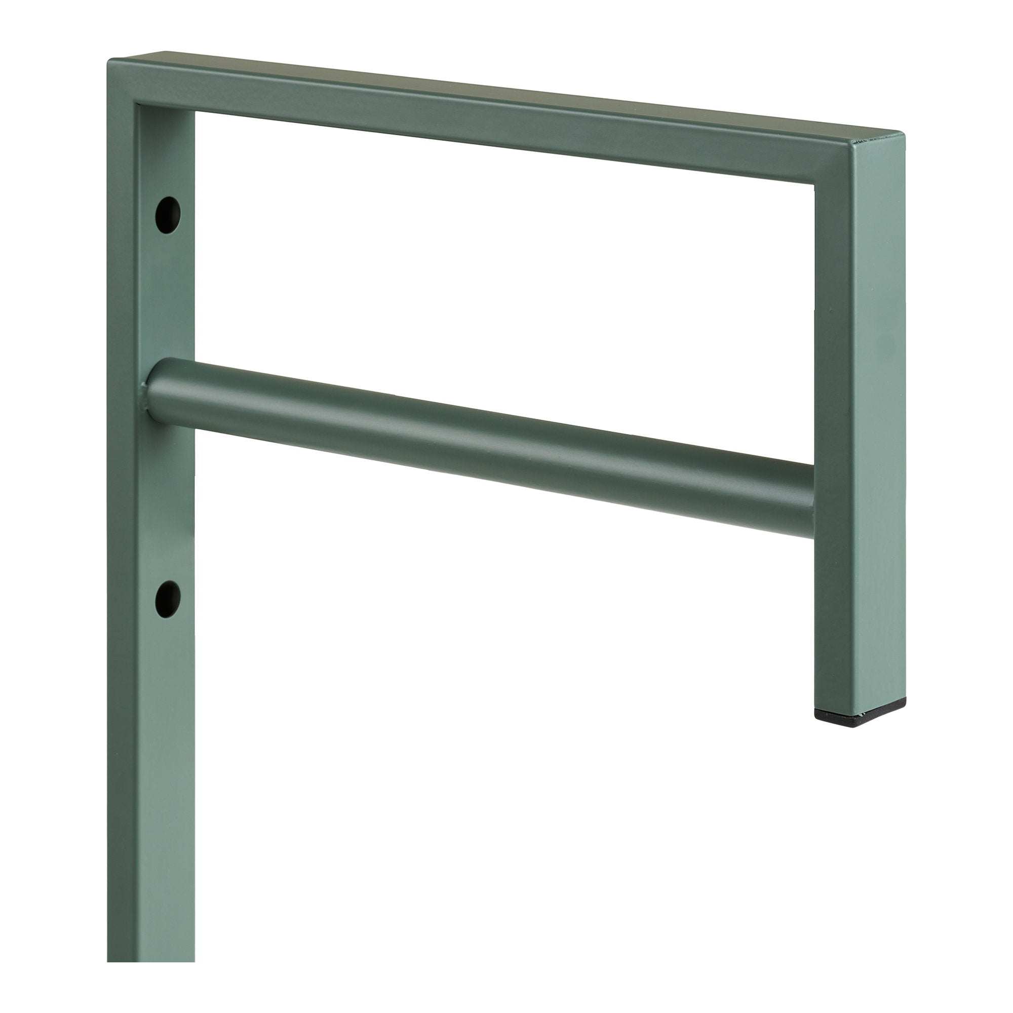 Détail barre penderie porte-manteau Trento métal vert sauge fixation murale visserie