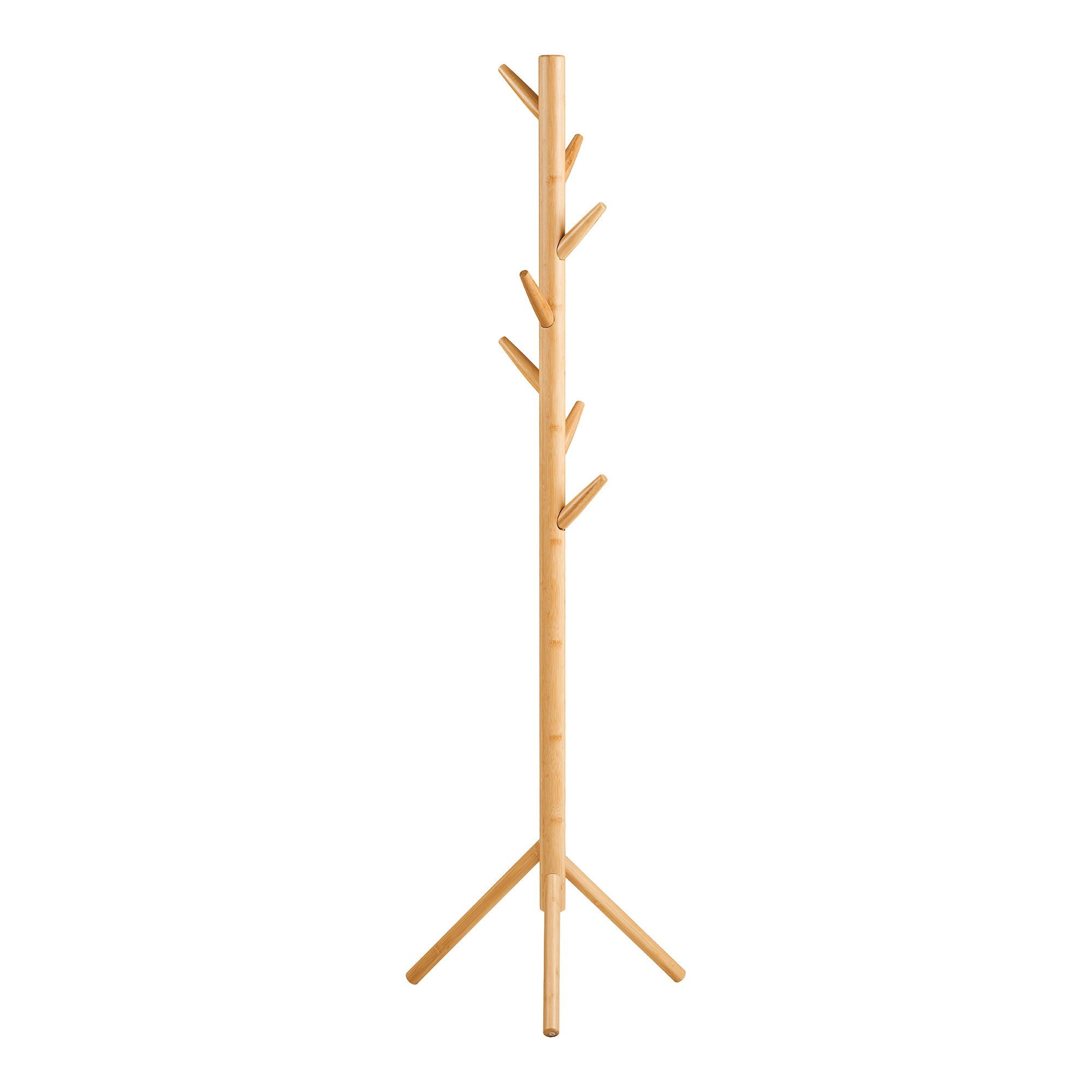 Porte-manteaux Wanaka bambou naturel 8 crochets H163 cm base trépied vue de face