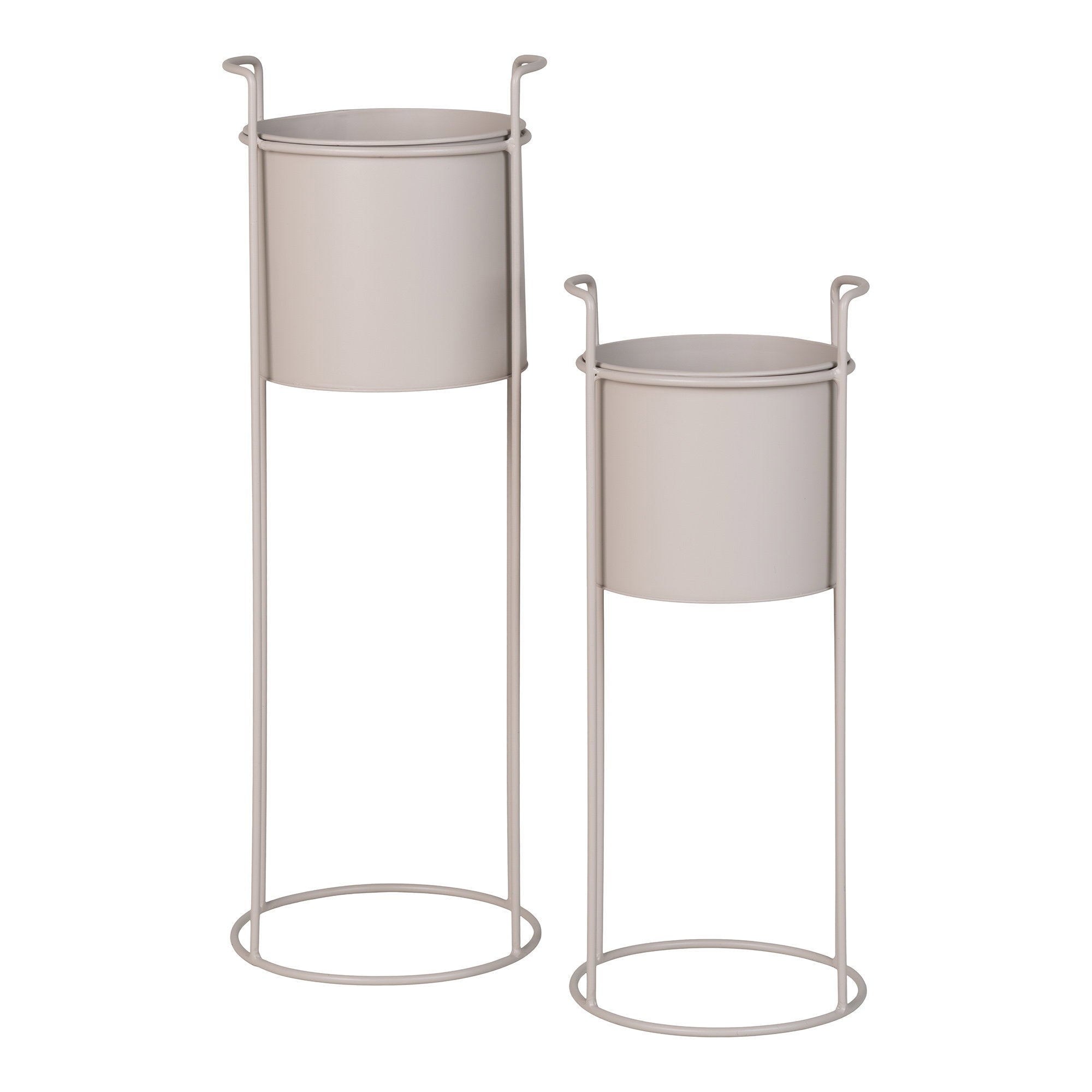 Set 2 porte-plantes Rabo sable acier cylindrique H.50 et 65 cm fond blanc