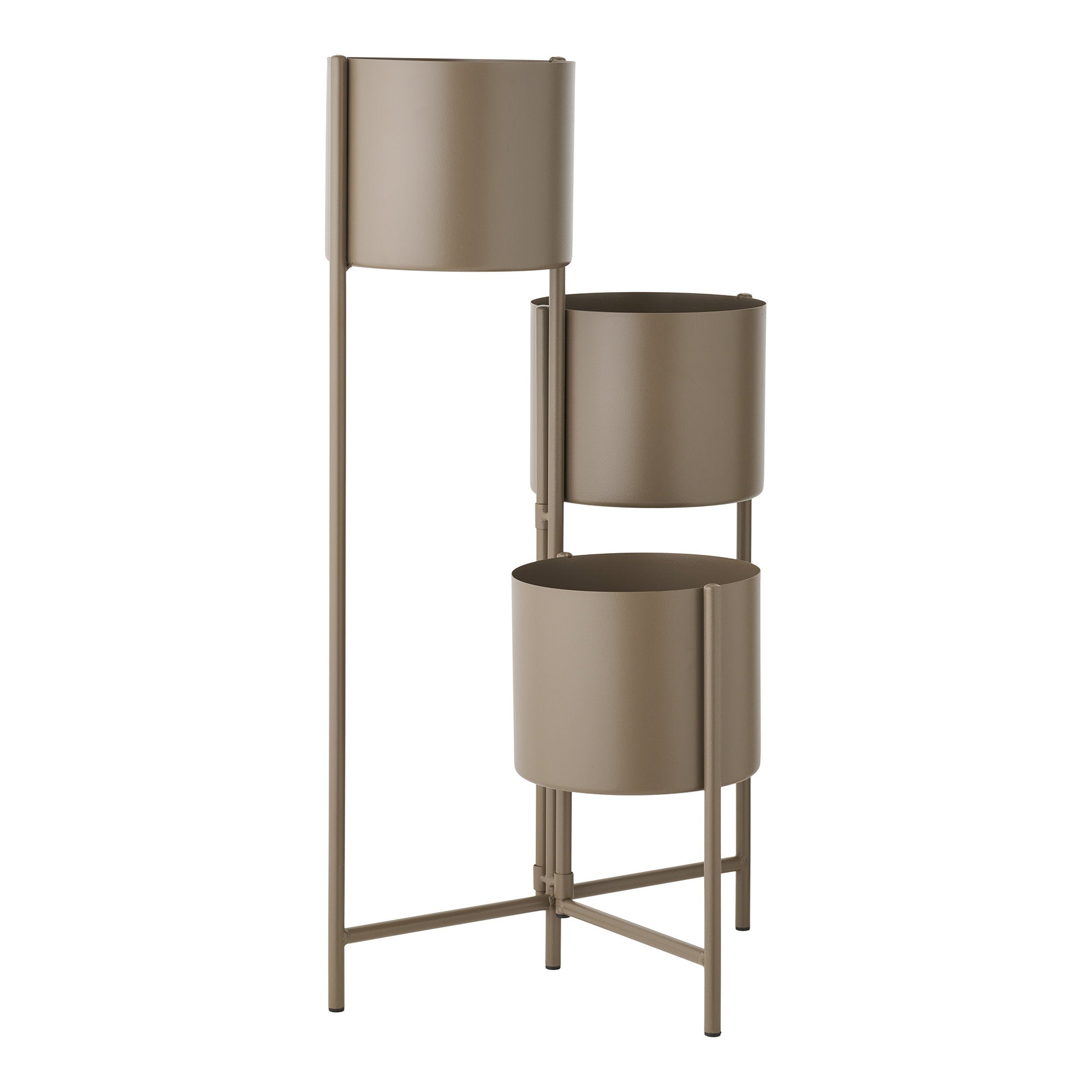 Porte-plantes 3 cache-pots acier taupe vue trois quarts dos structure tubulaire fine