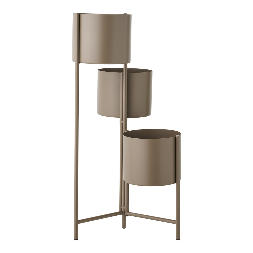 Porte-plantes acier brun taupe 3 niveaux vue trois quarts face composition végétale étagère