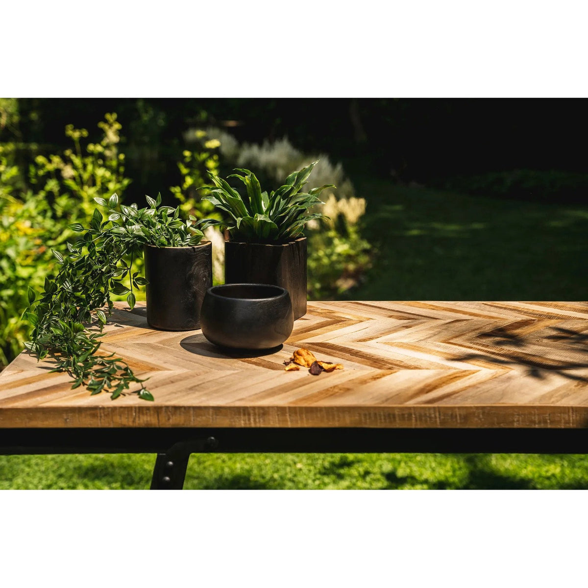 Pot Bondi rond en teck noir garni d'une plante sur une table à chevrons avec un pot carré et un bol noirs