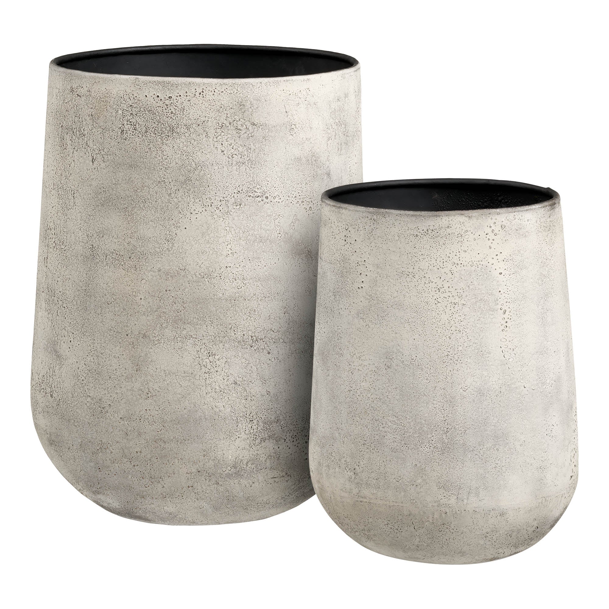 Pot décoratif Hou métal beige antique effet béton set 2 tailles vue trois quarts fond clair
