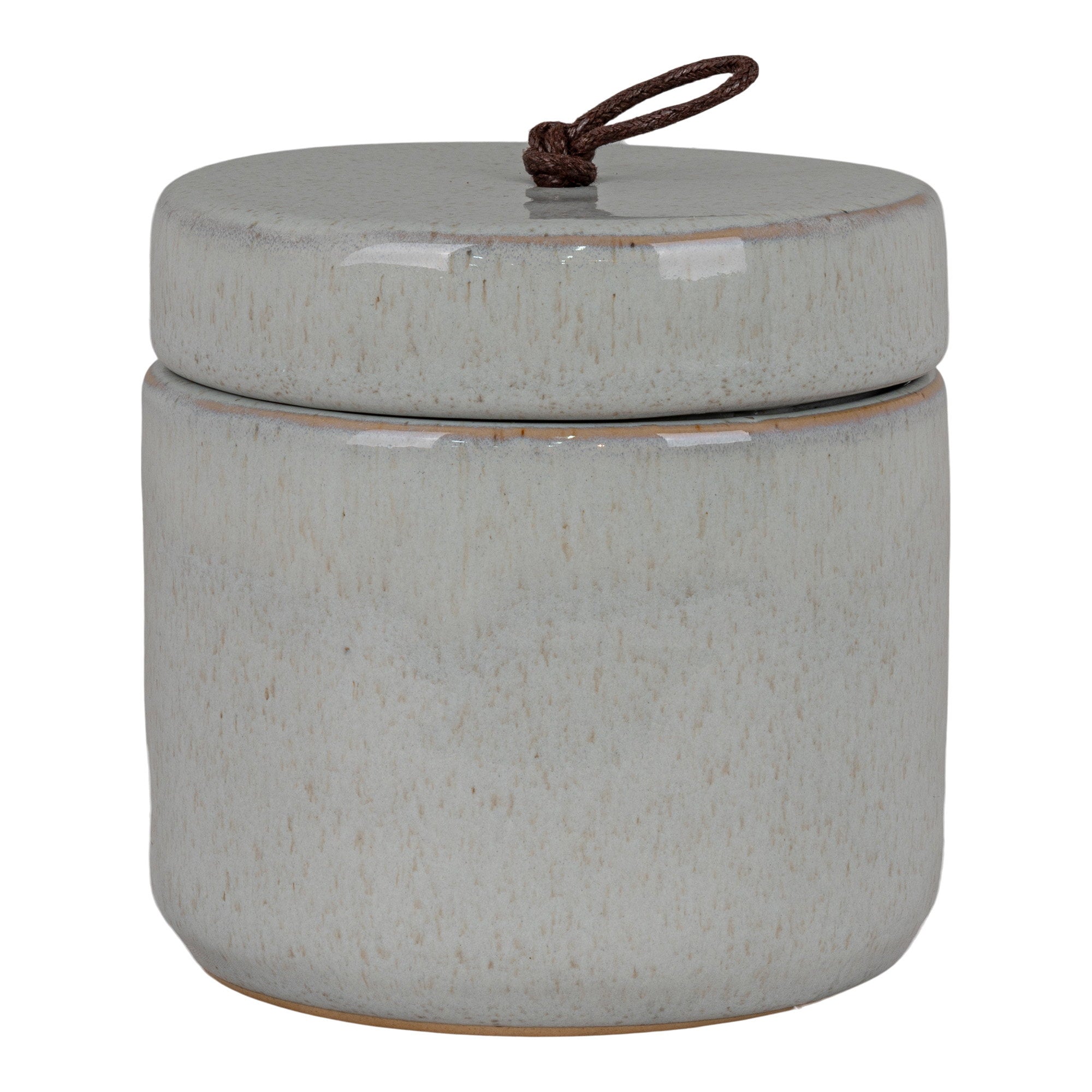 Pot grès gris moucheté couvercle plat anse corde tressée brun vue de face fond blanc