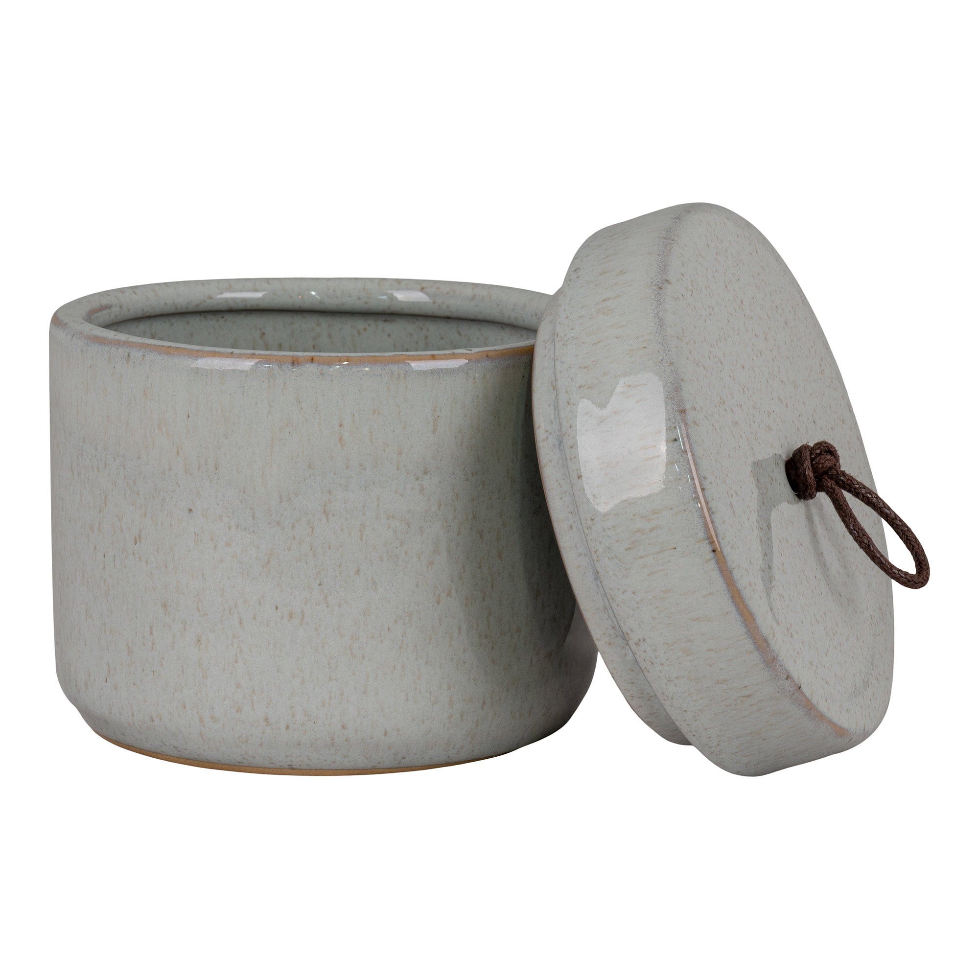 Pot grès gris moucheté couvercle corde tressée Ø10,5xH10 cm ouvert vue trois quarts
