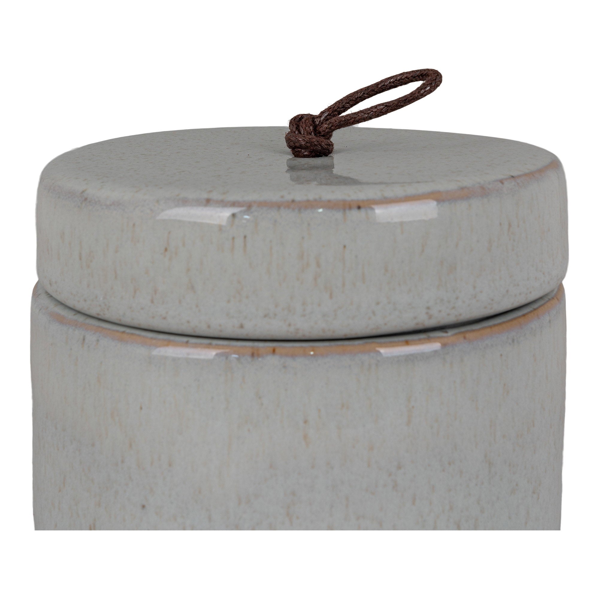 Détail couvercle plat et anse corde tressée brun pot grès gris moucheté céramique