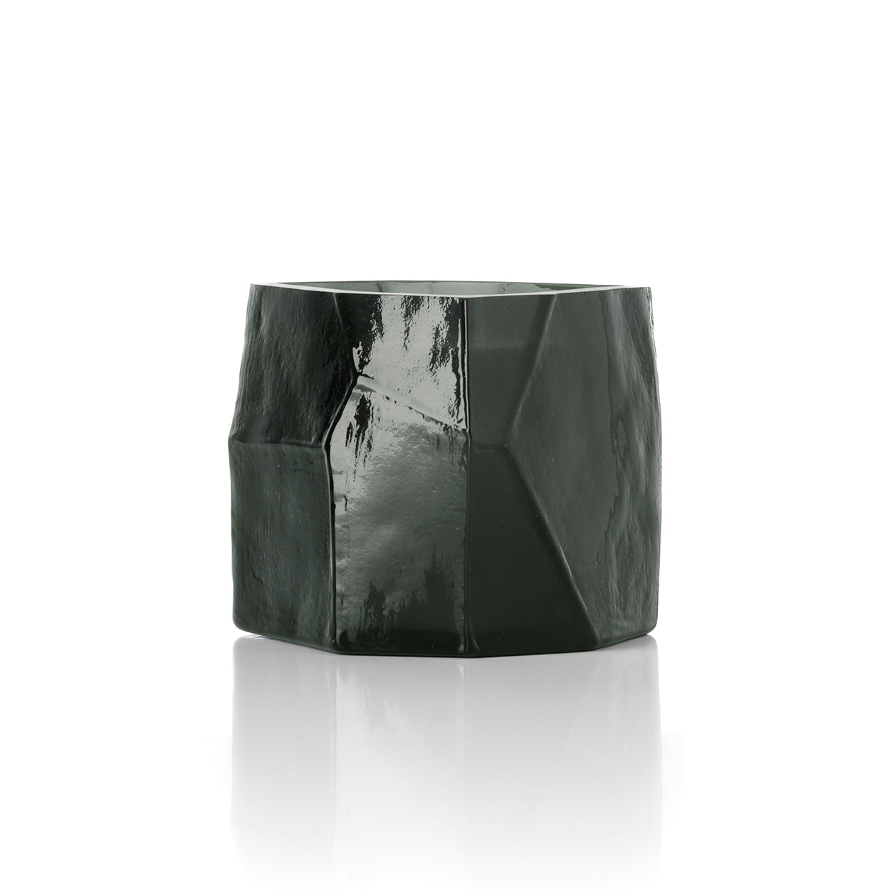 Pot photophore en verre vert profond à facettes irrégulières 9 cm